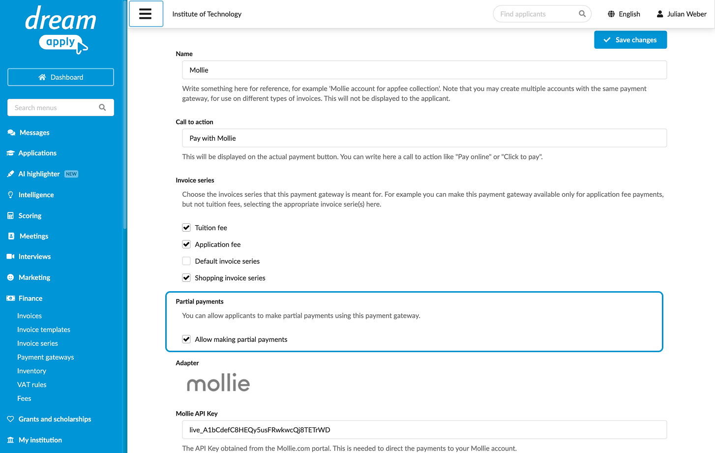 Enabling partial payments