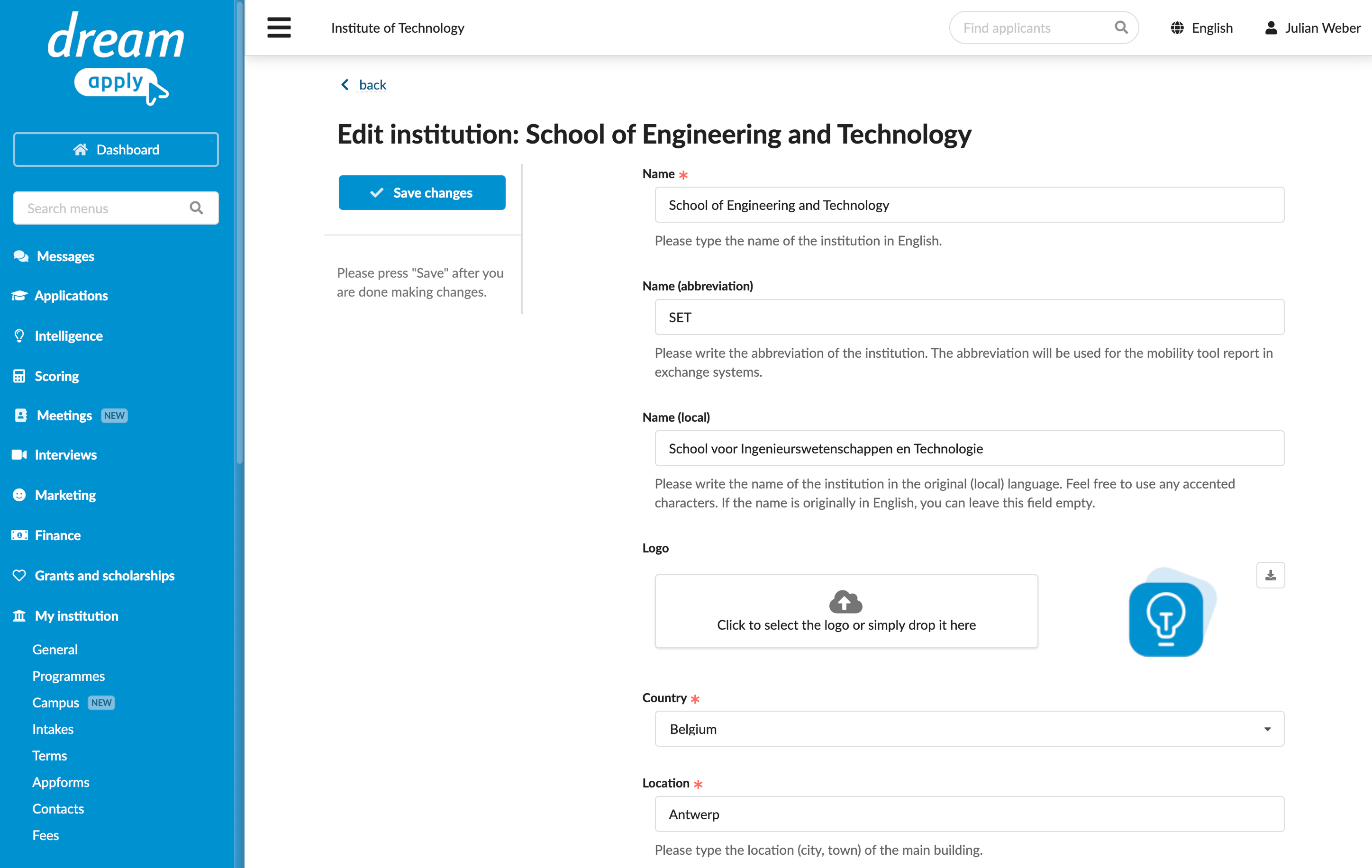 Adding institution details