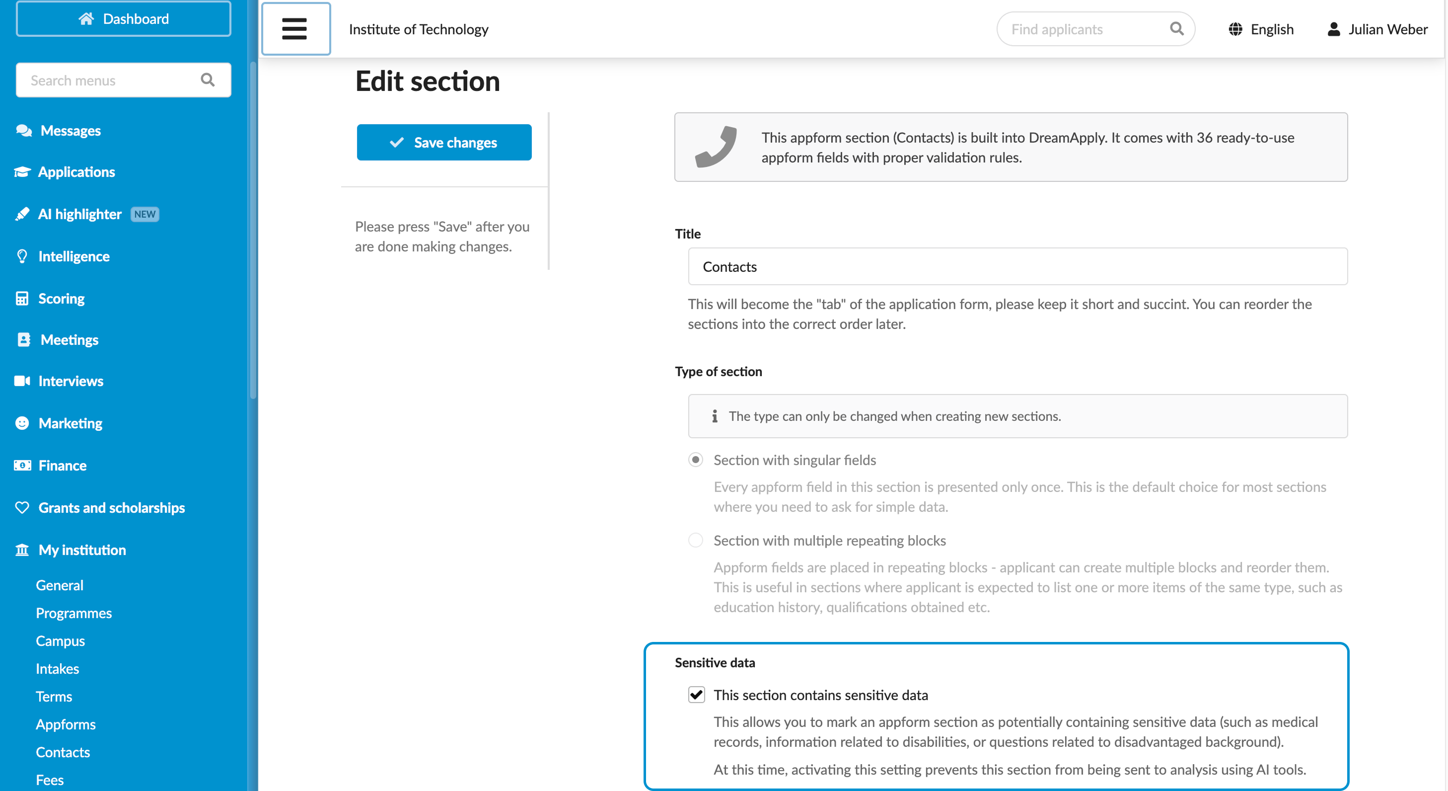 Excluding appform sections
