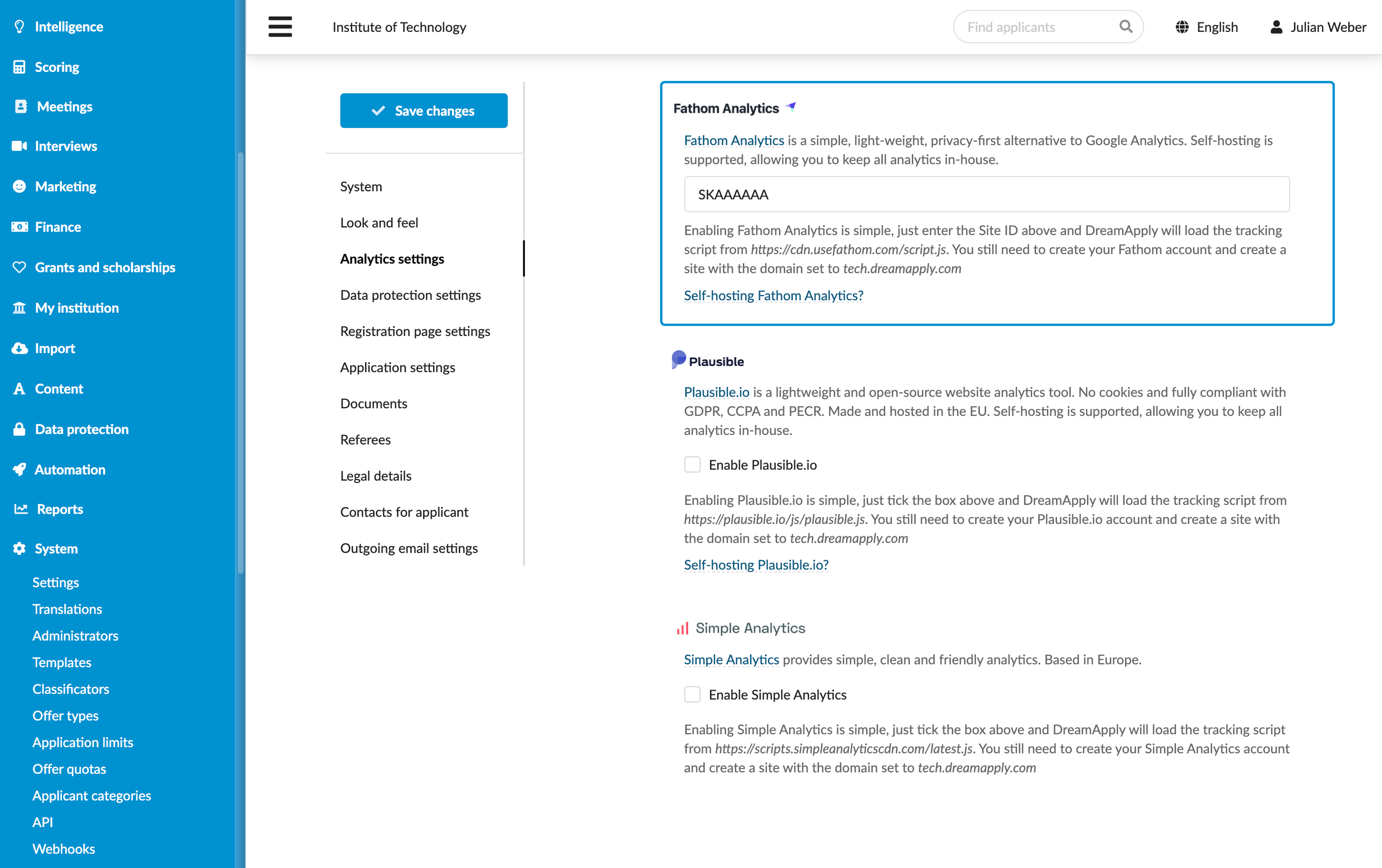Specifying Fathom Analytics settings
