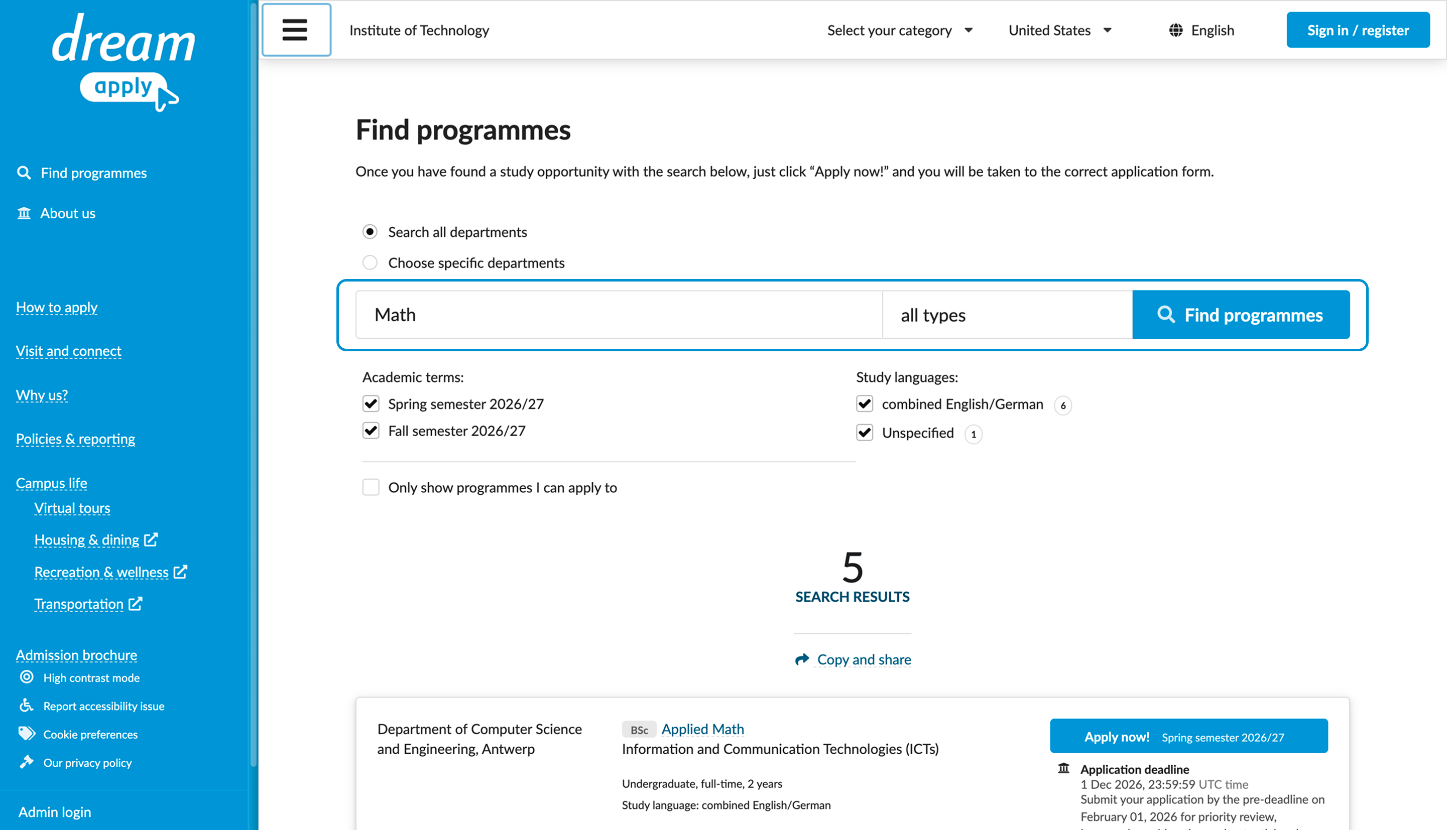 Programme catalog page