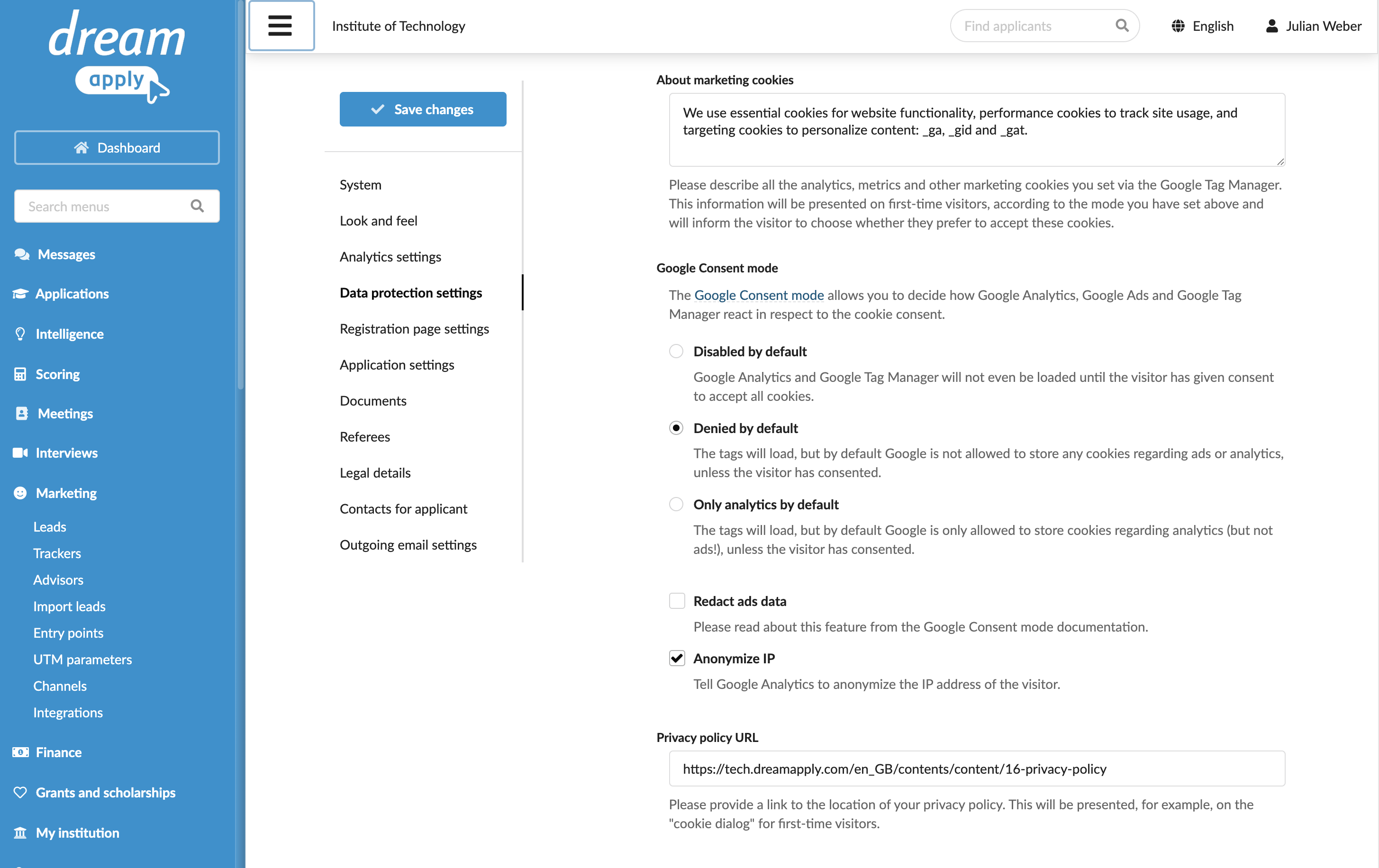Specifying Google consent settings