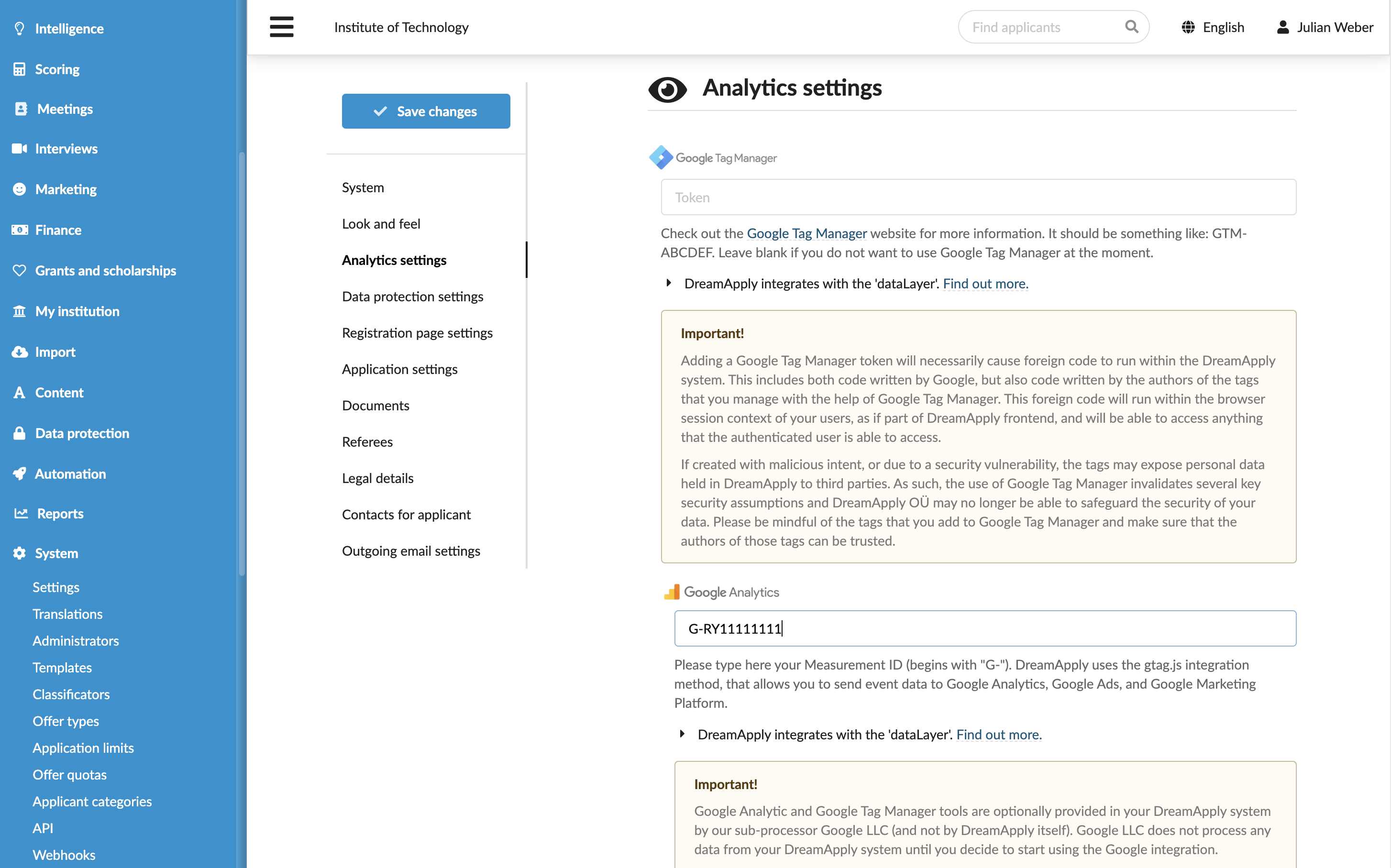 Specifying Google Analytics settings
