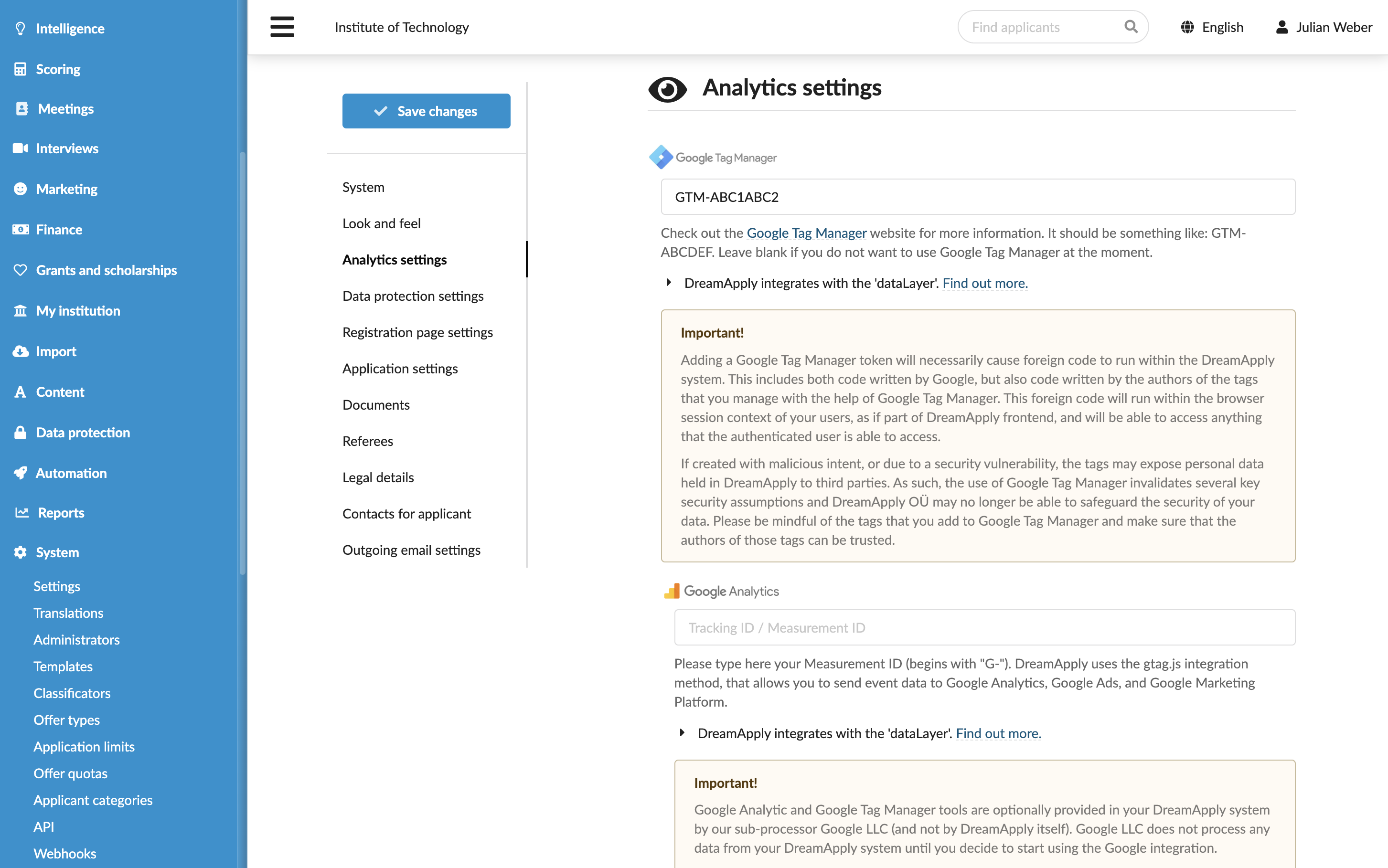 Specifying Google Tag Manager settings