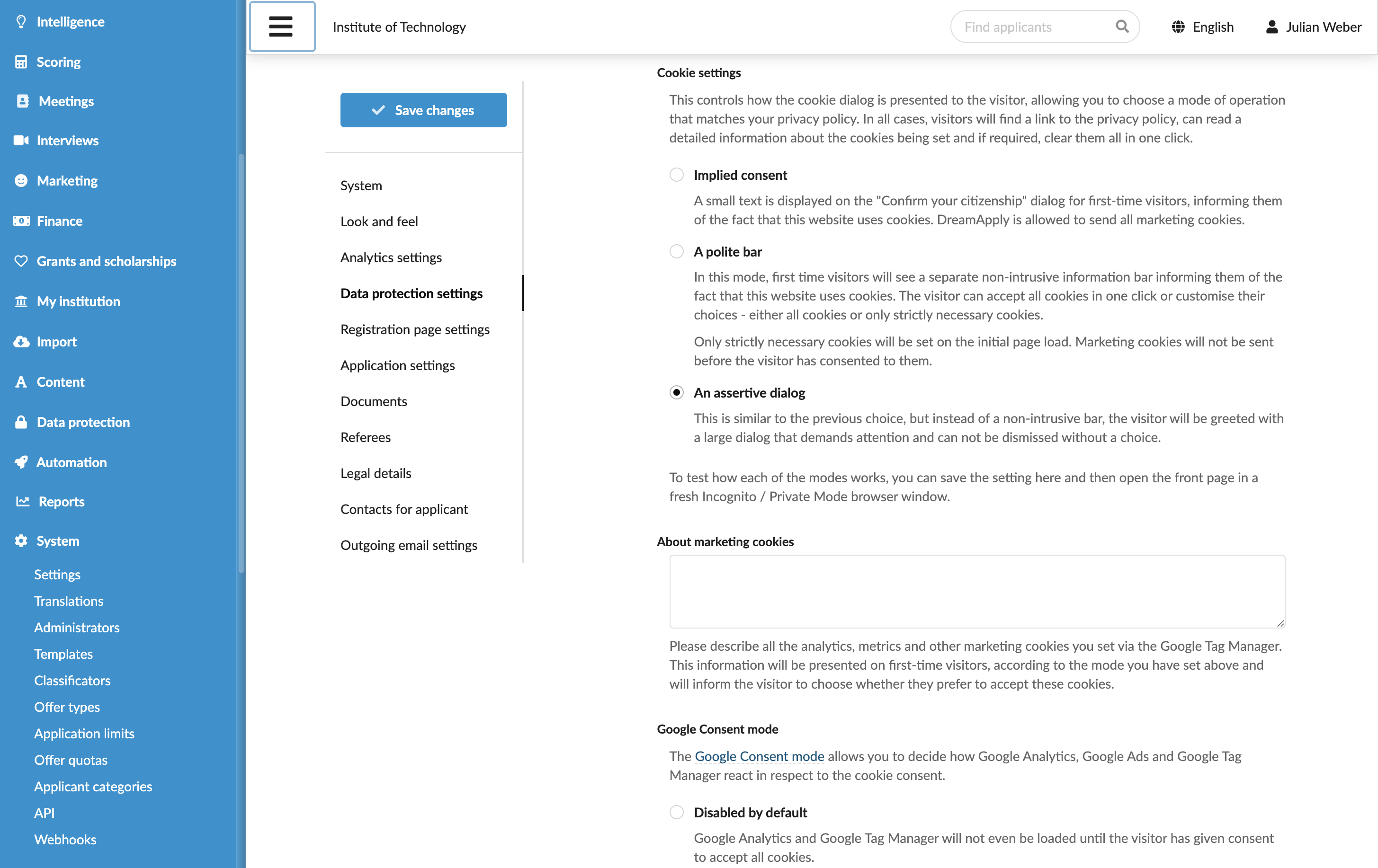 Specifying cookie settings