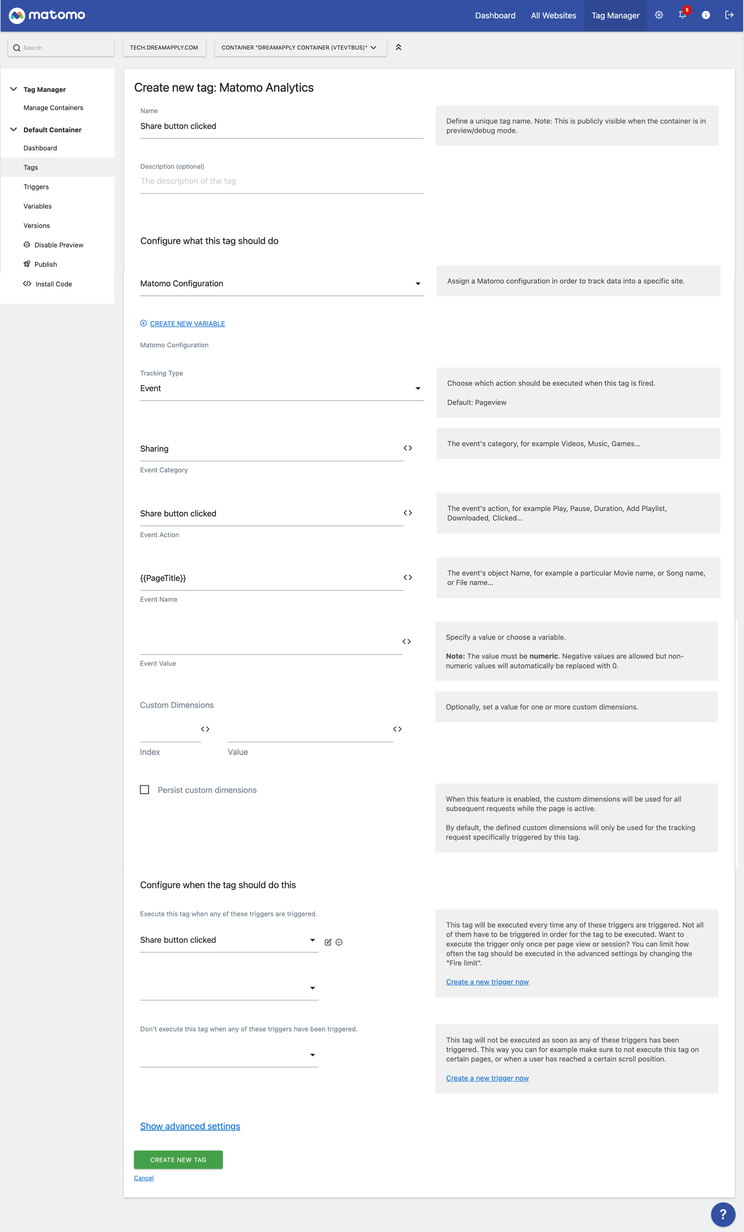 Setting an event tag