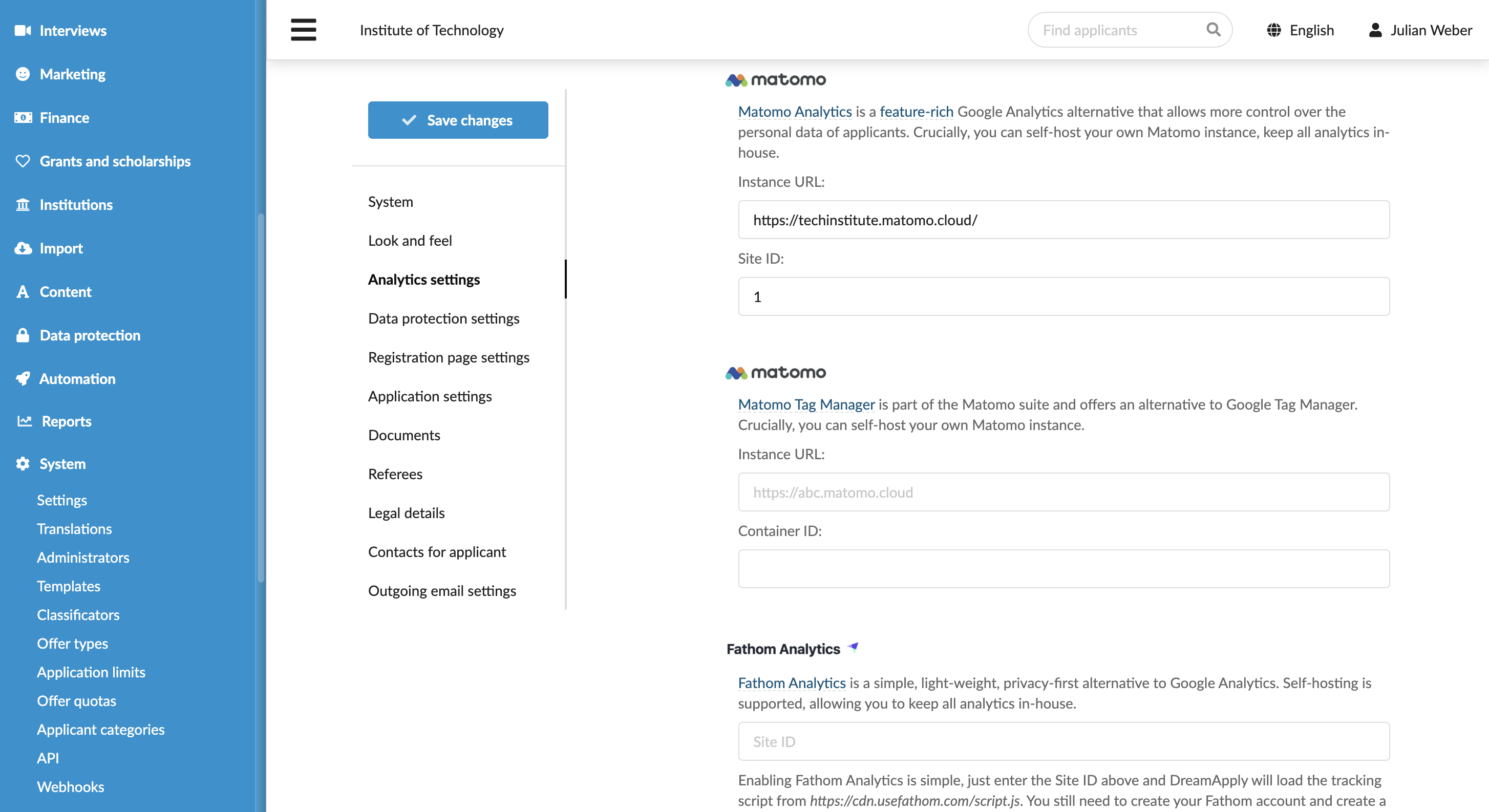 Specifying Matomo settings