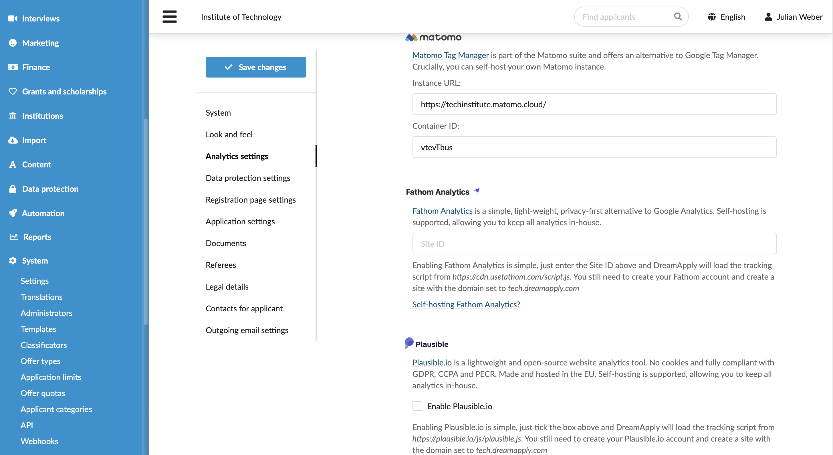 Specifying Matomo Tag Manager settings
