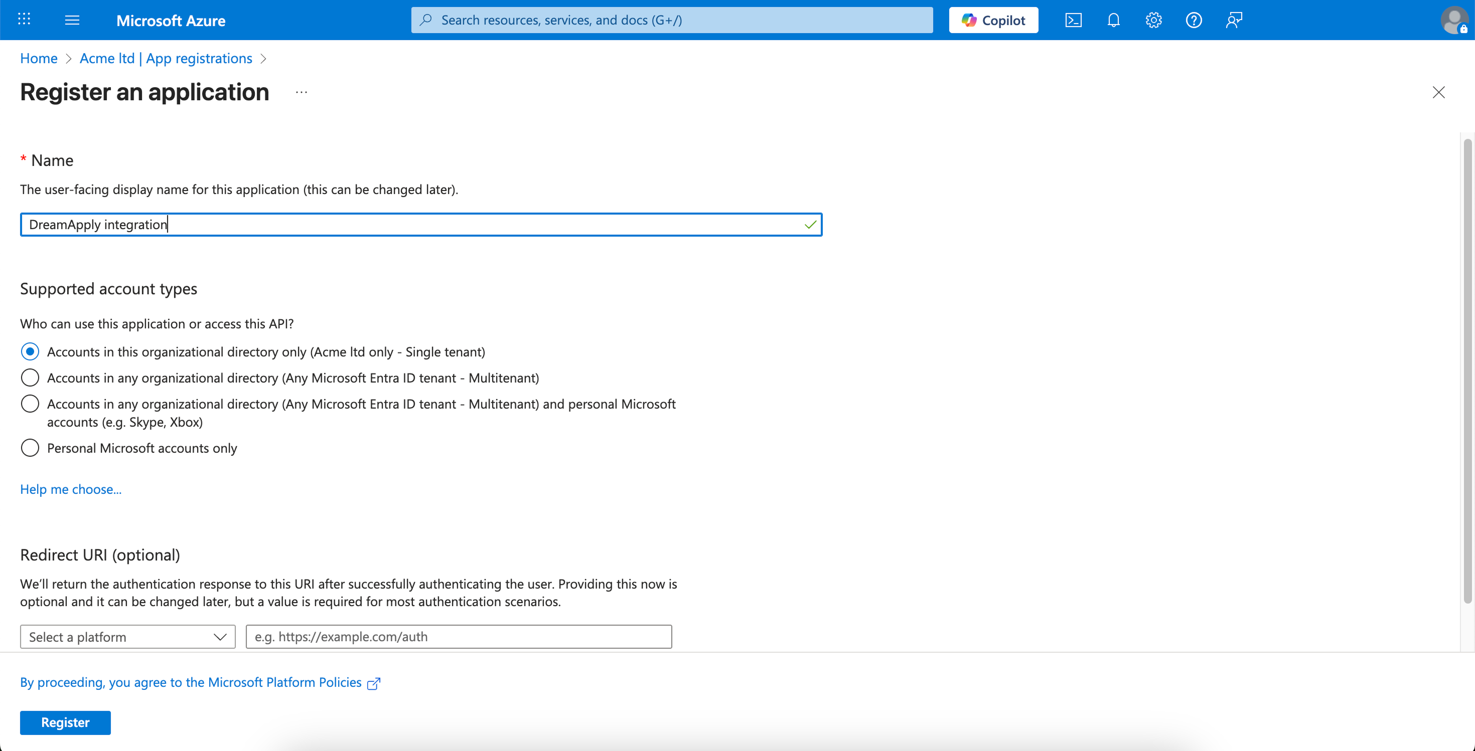 Adding the registration name