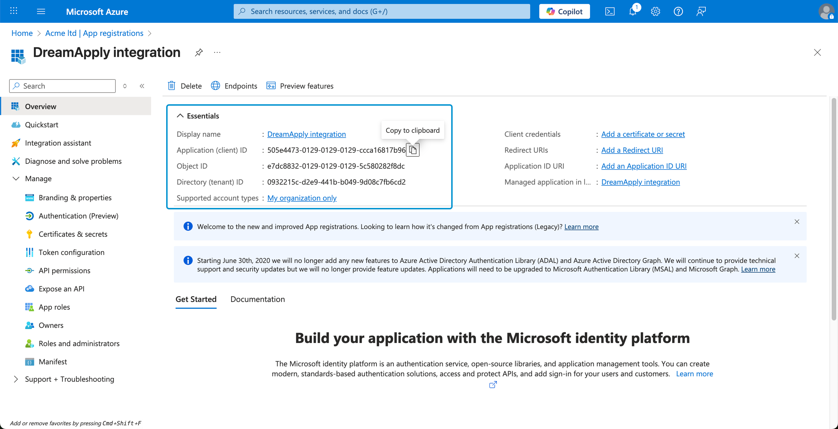 Copying the application ID