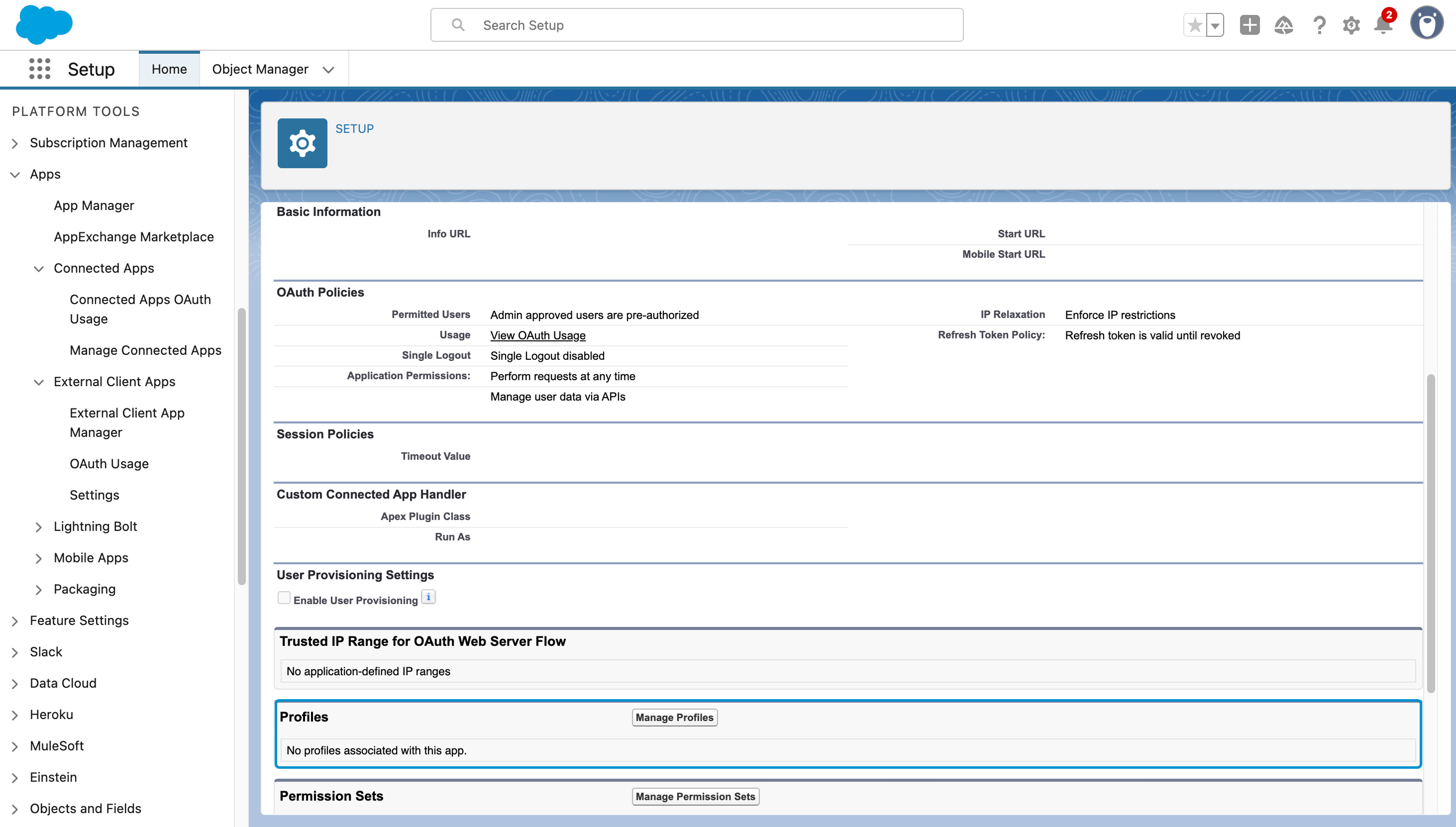 Managing profiles for a connected app