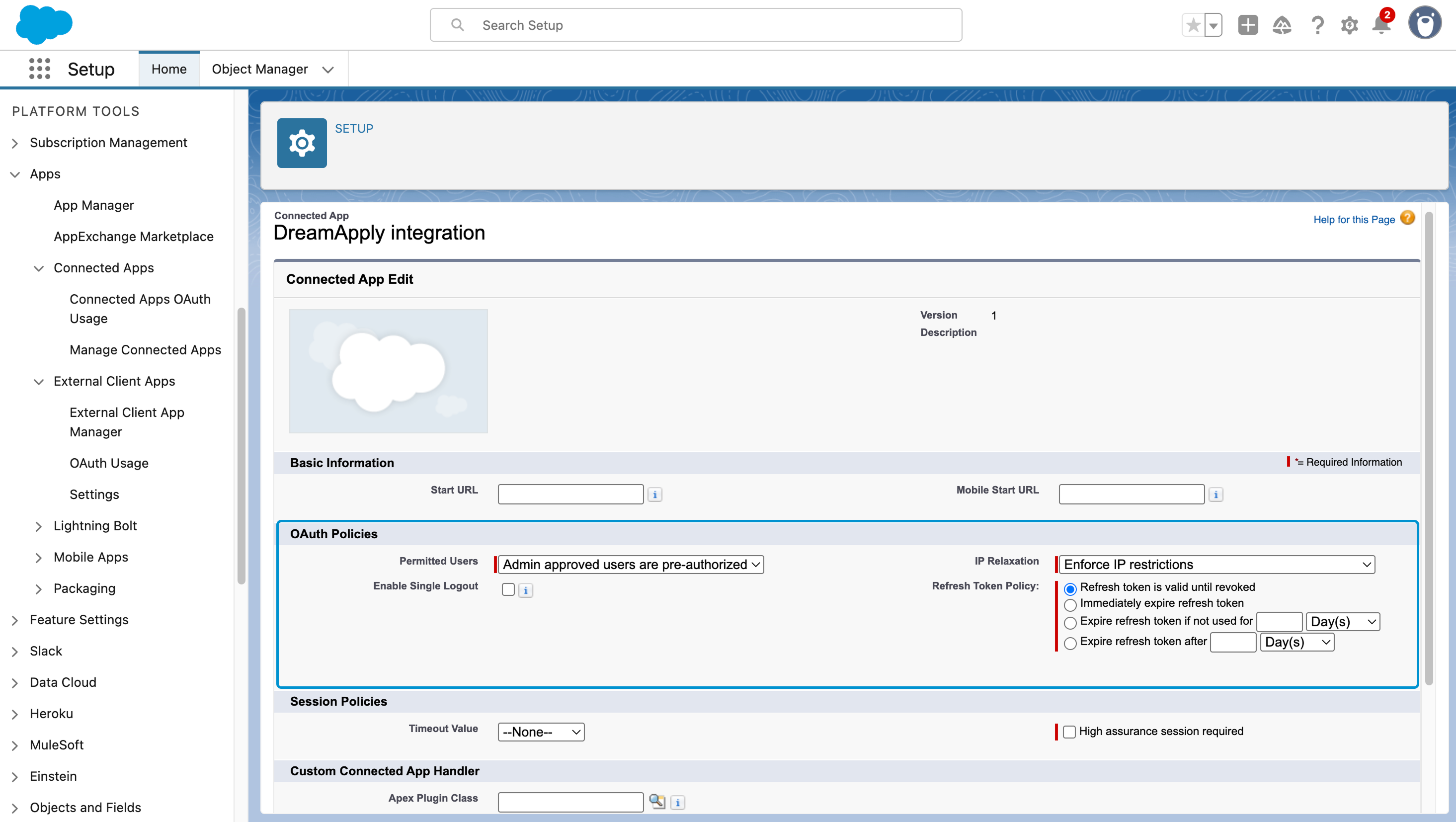 Editing policies for a connected app