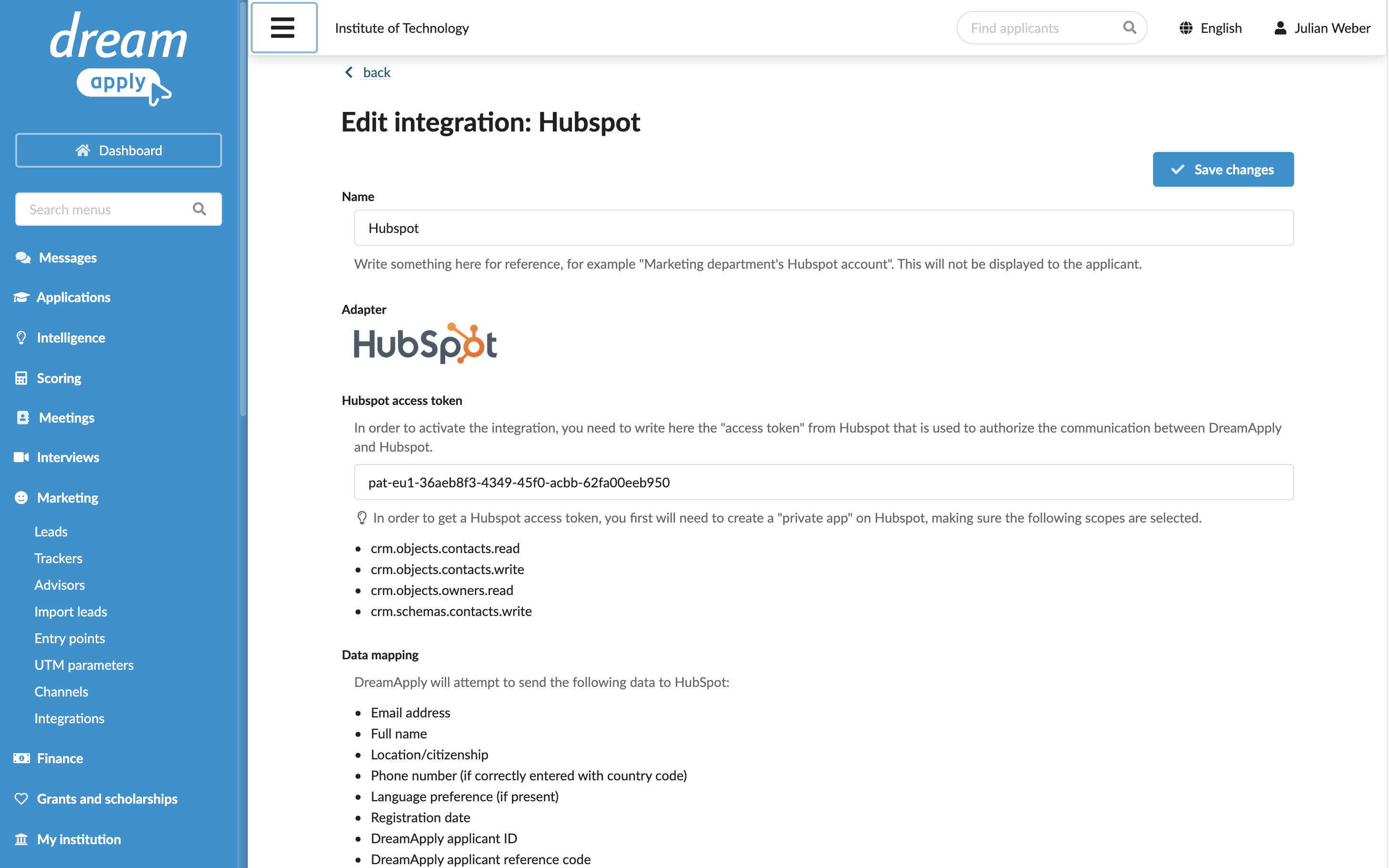Configuring integration with HubSpot