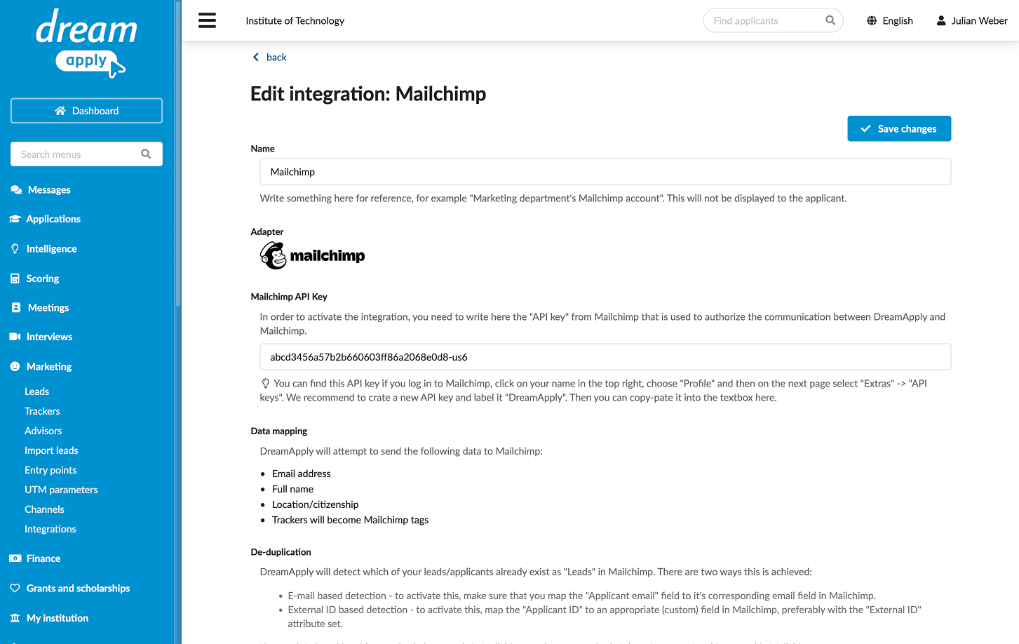 Configuring integration with Mailchimp