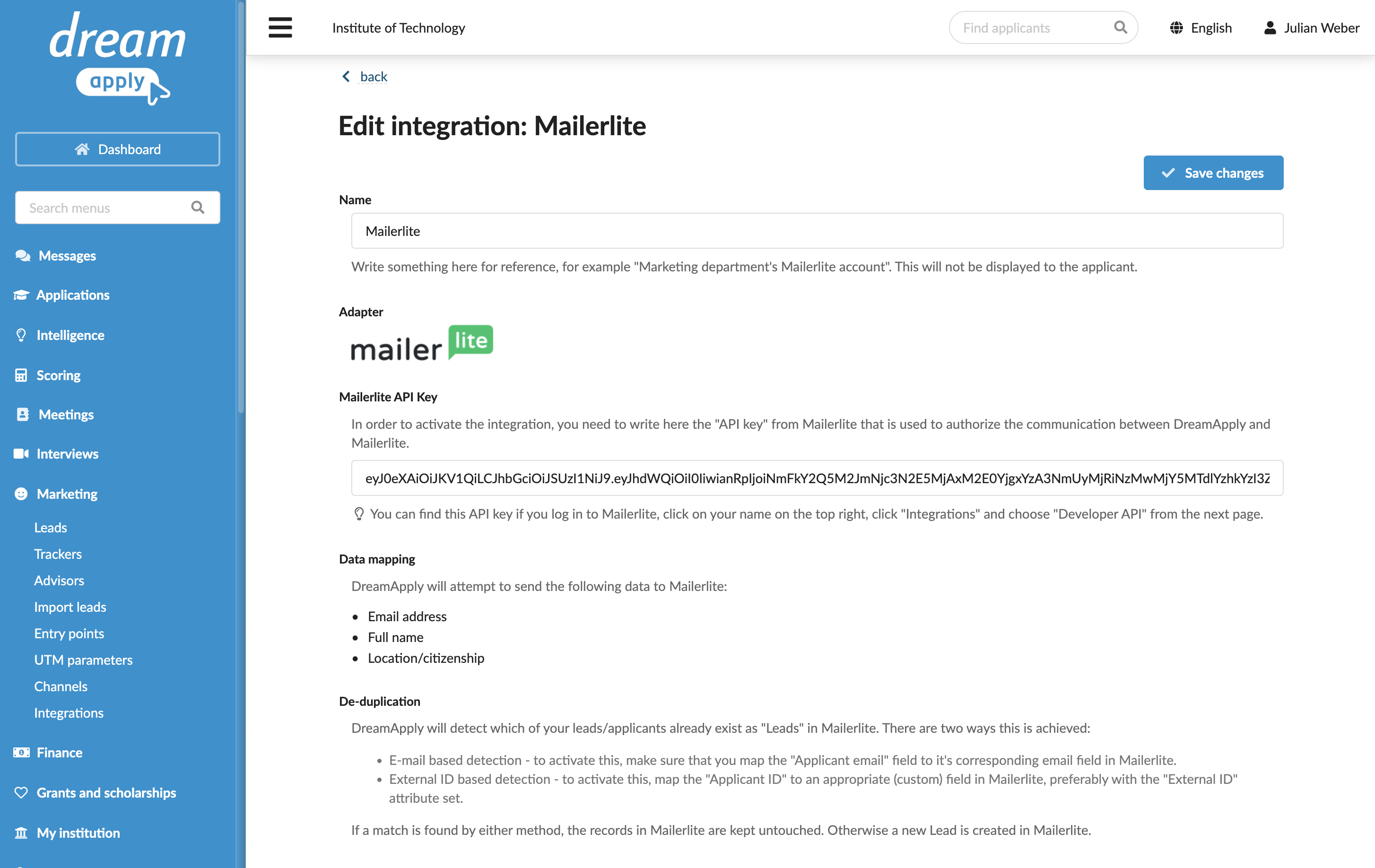 Configuring integration with MailerLite>