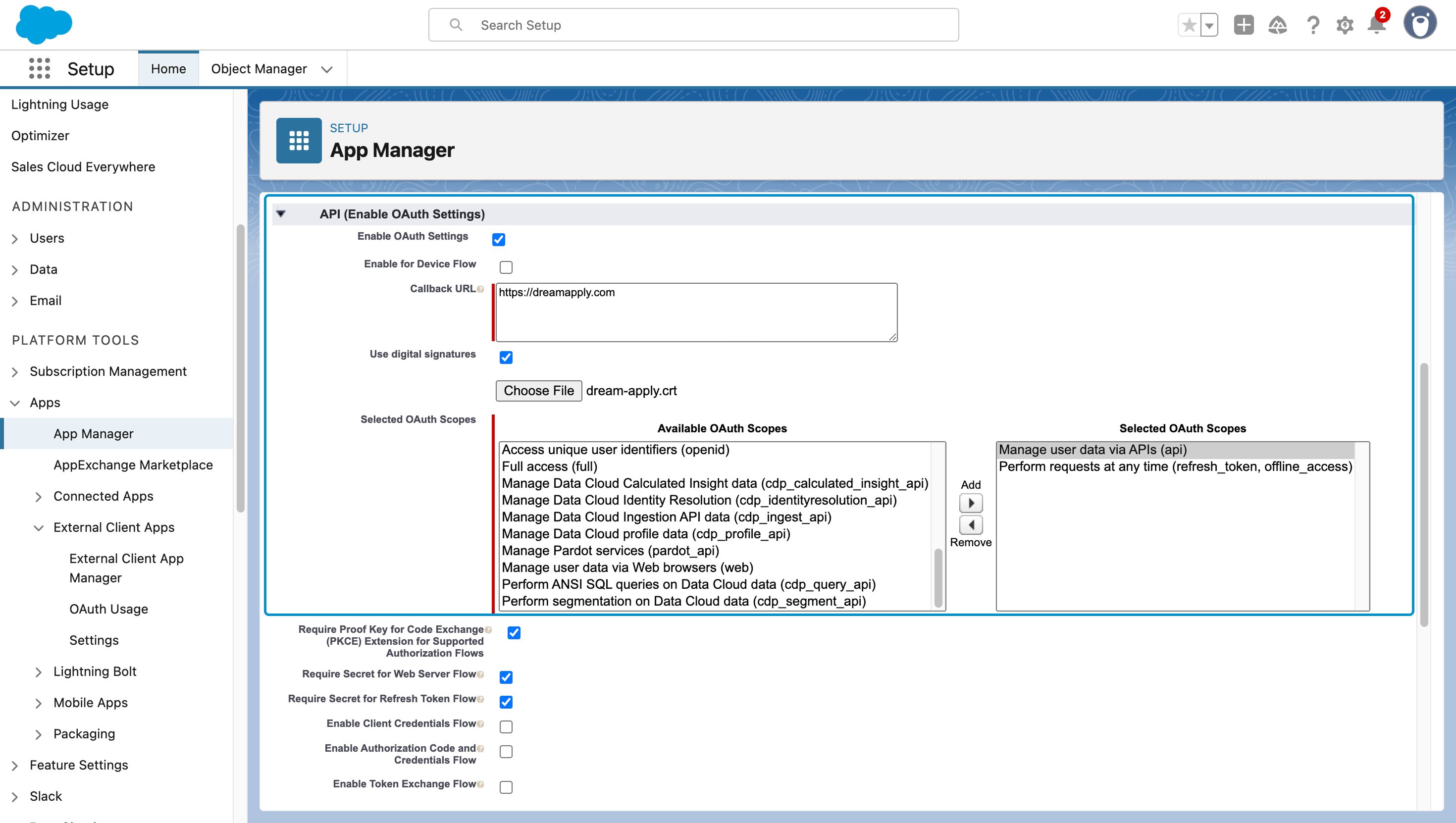 Specifying oAuth settings for a connected app