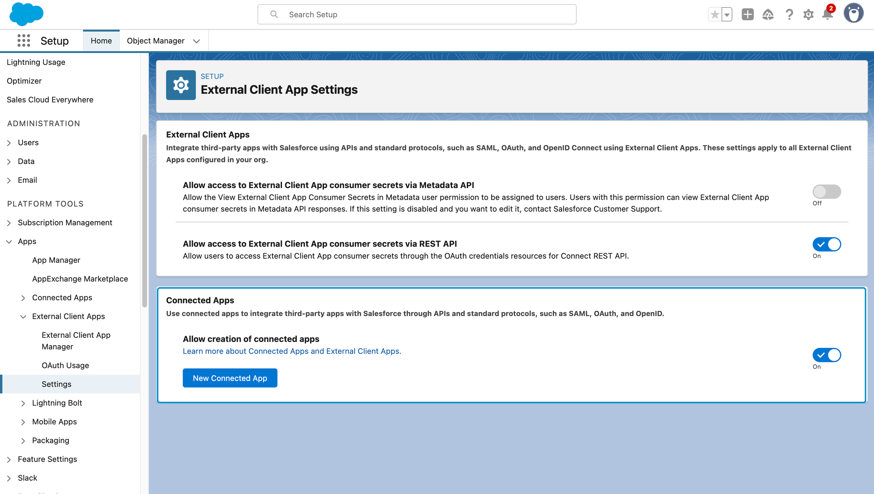 Creating a new connected app
