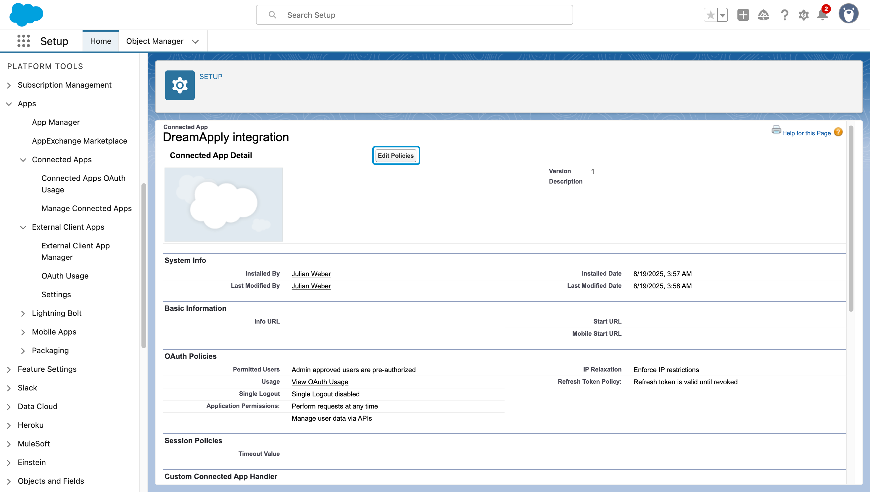 Editing policies for a connected app
