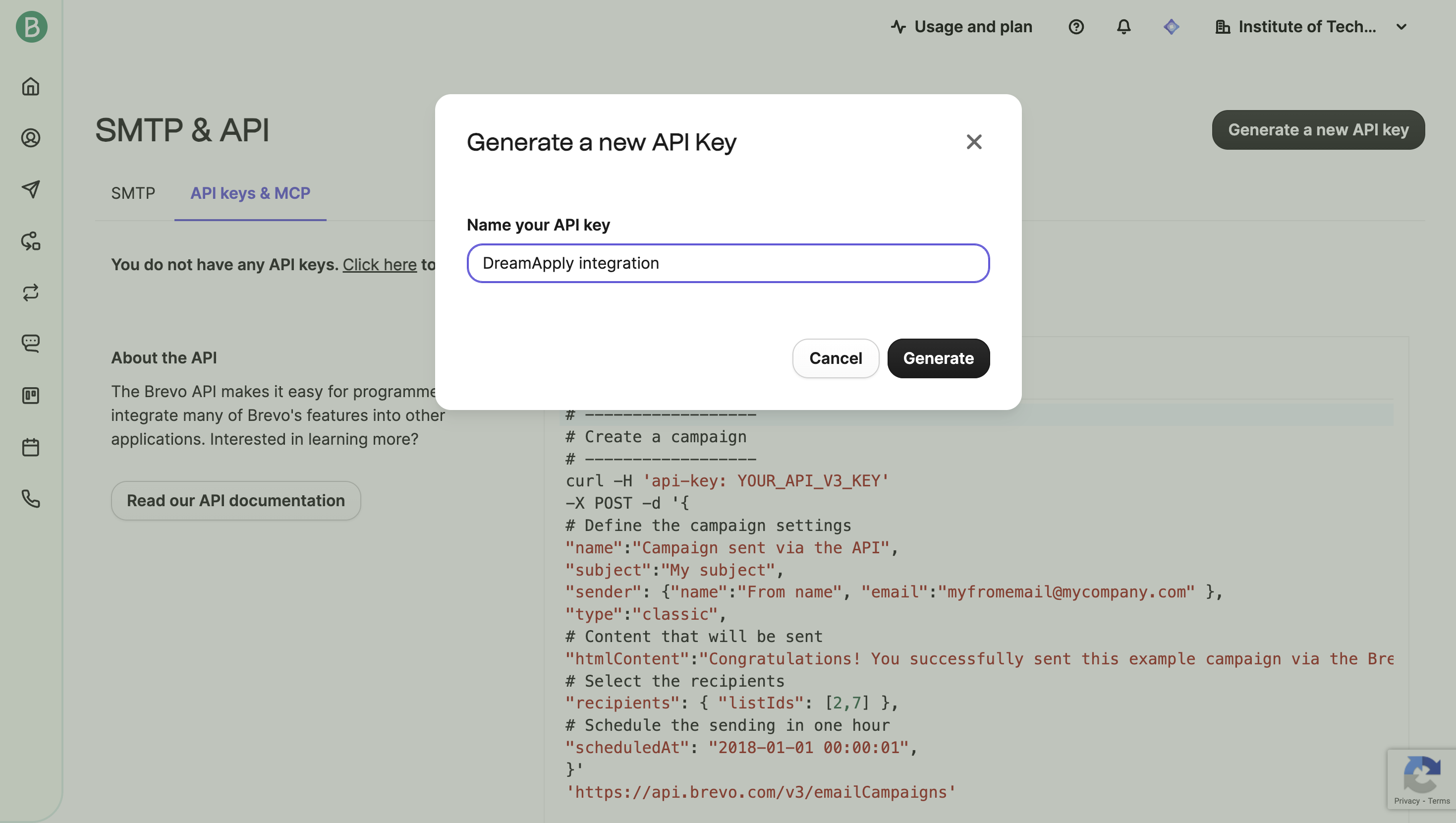 Generating an API key for Brevo