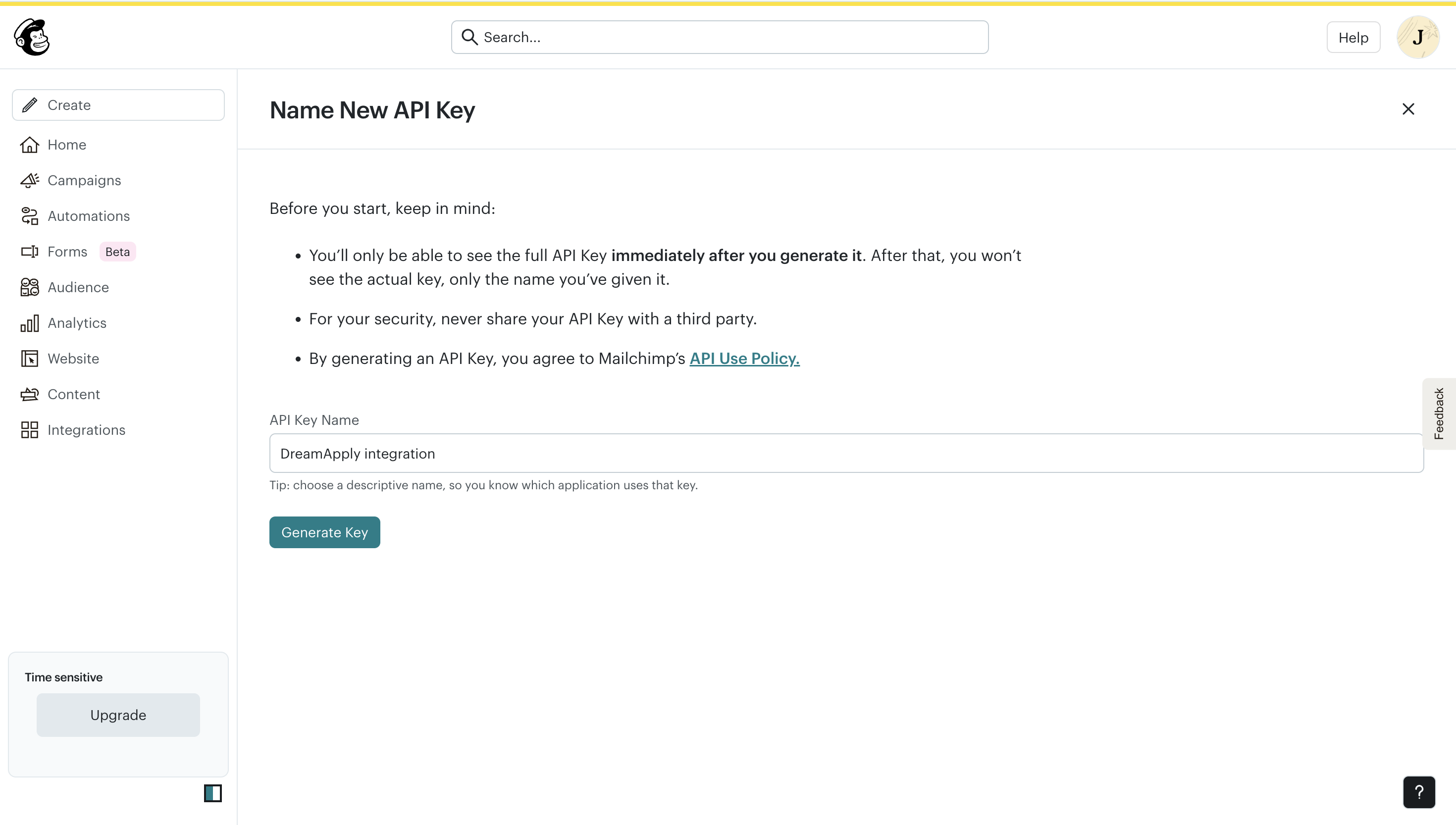 Generating an API key for Mailchimp