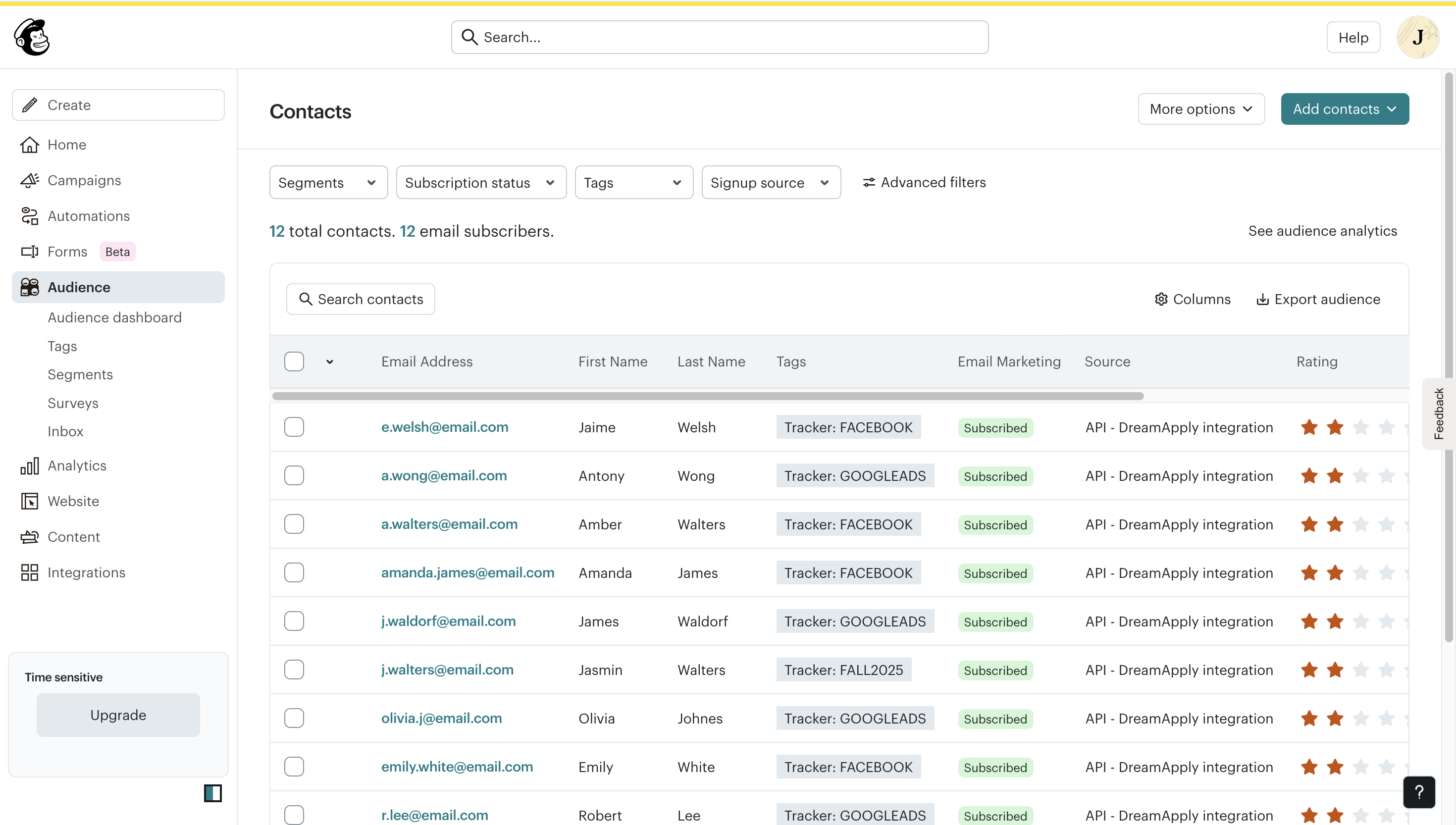 Exported contacts in Mailchimp
