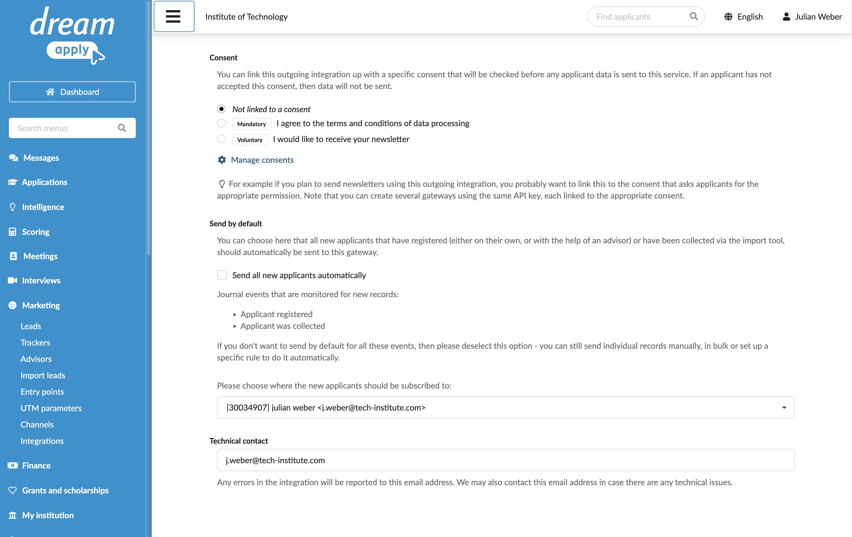 Specifying integration settings