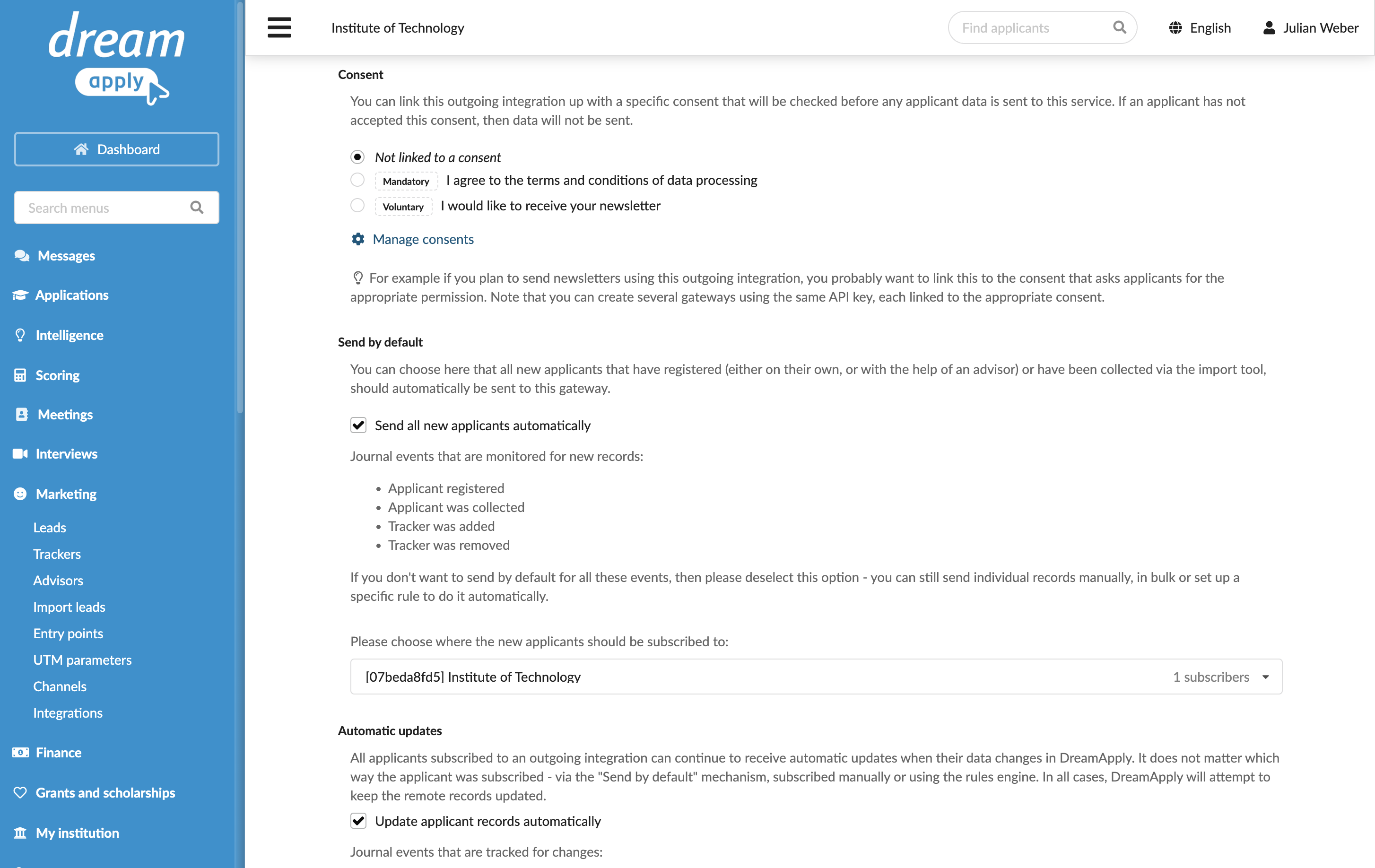 Specifying integration settings