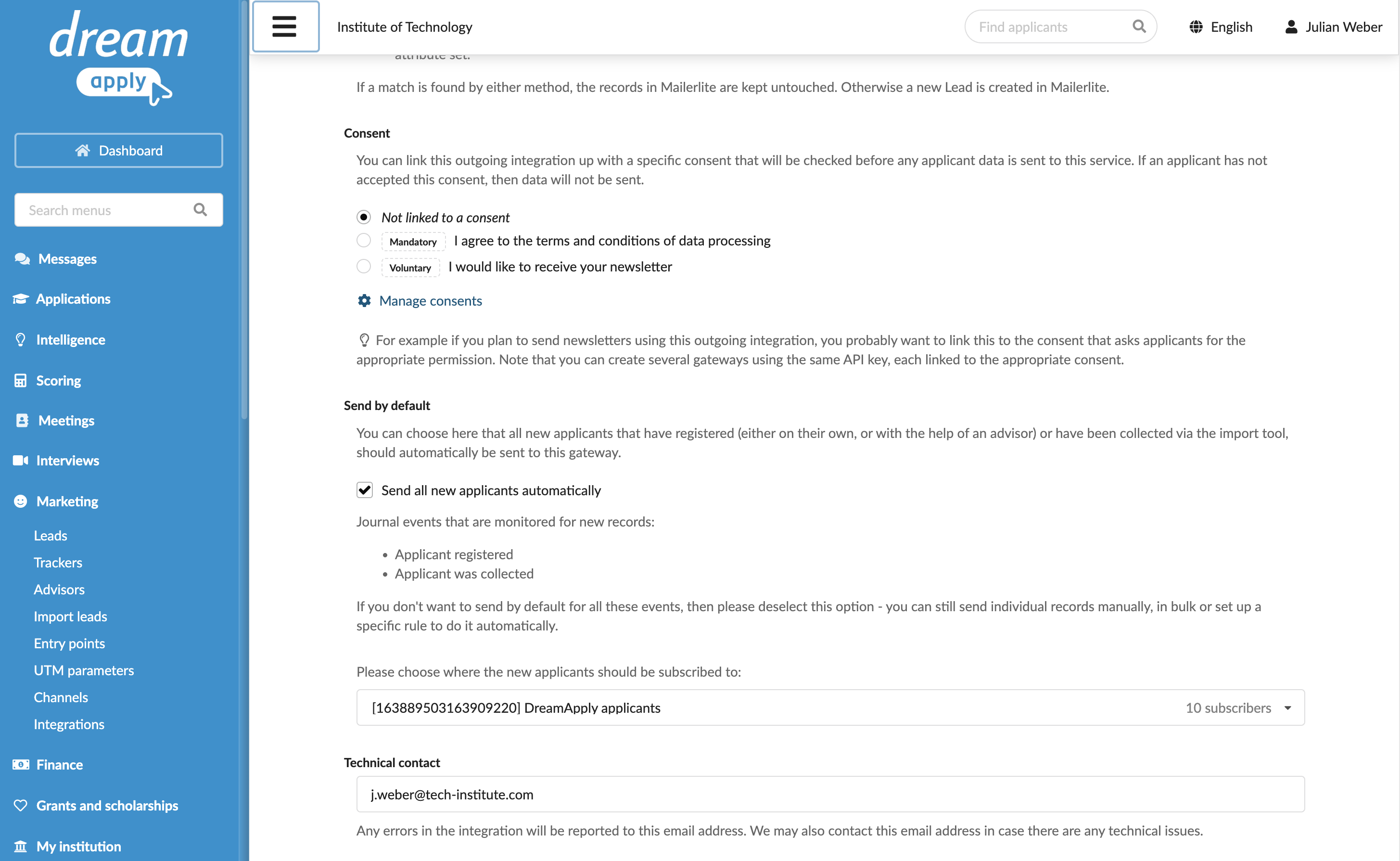 Specifying integration settings