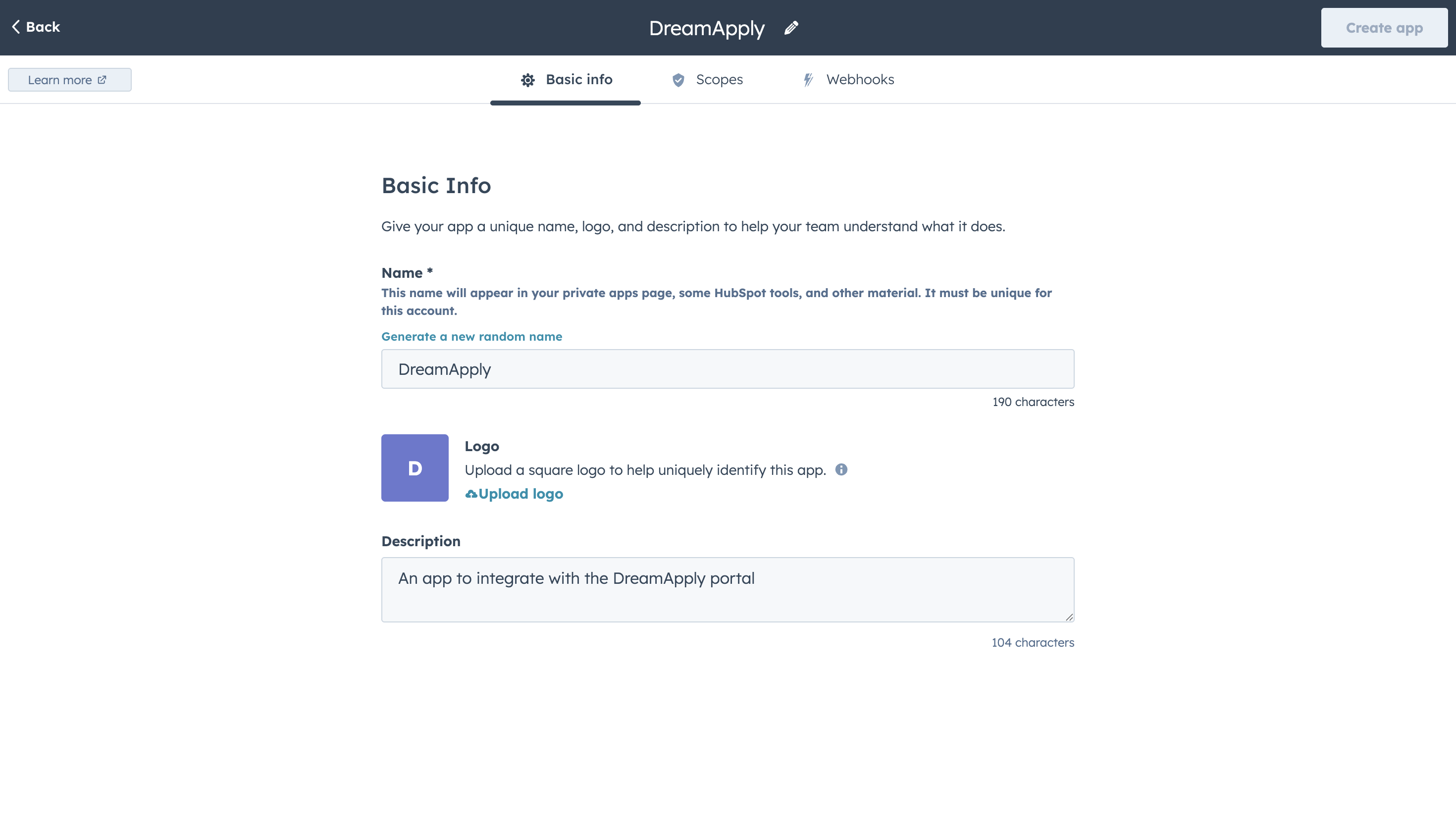 Creating a private app - name