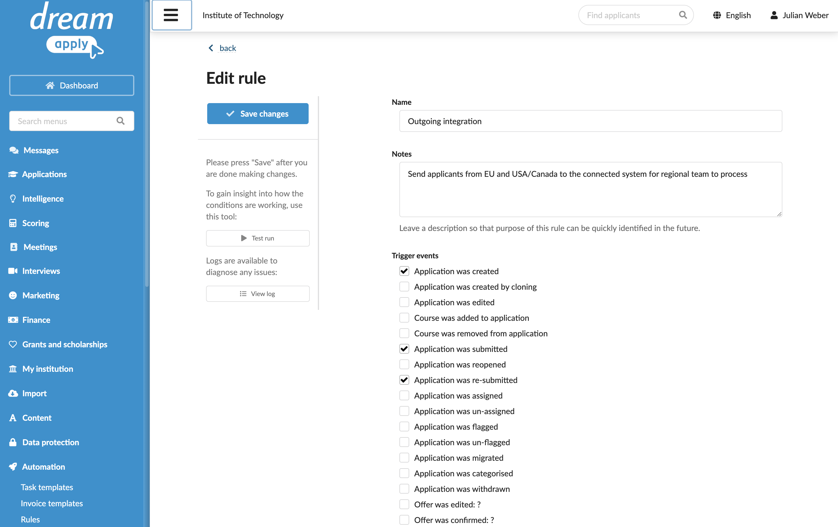 Sending applicant data with automatic rules