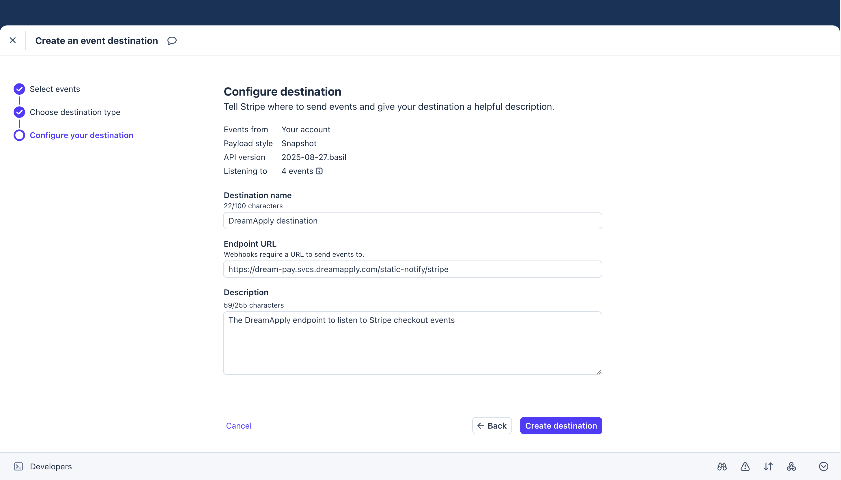 Specifying destination settings