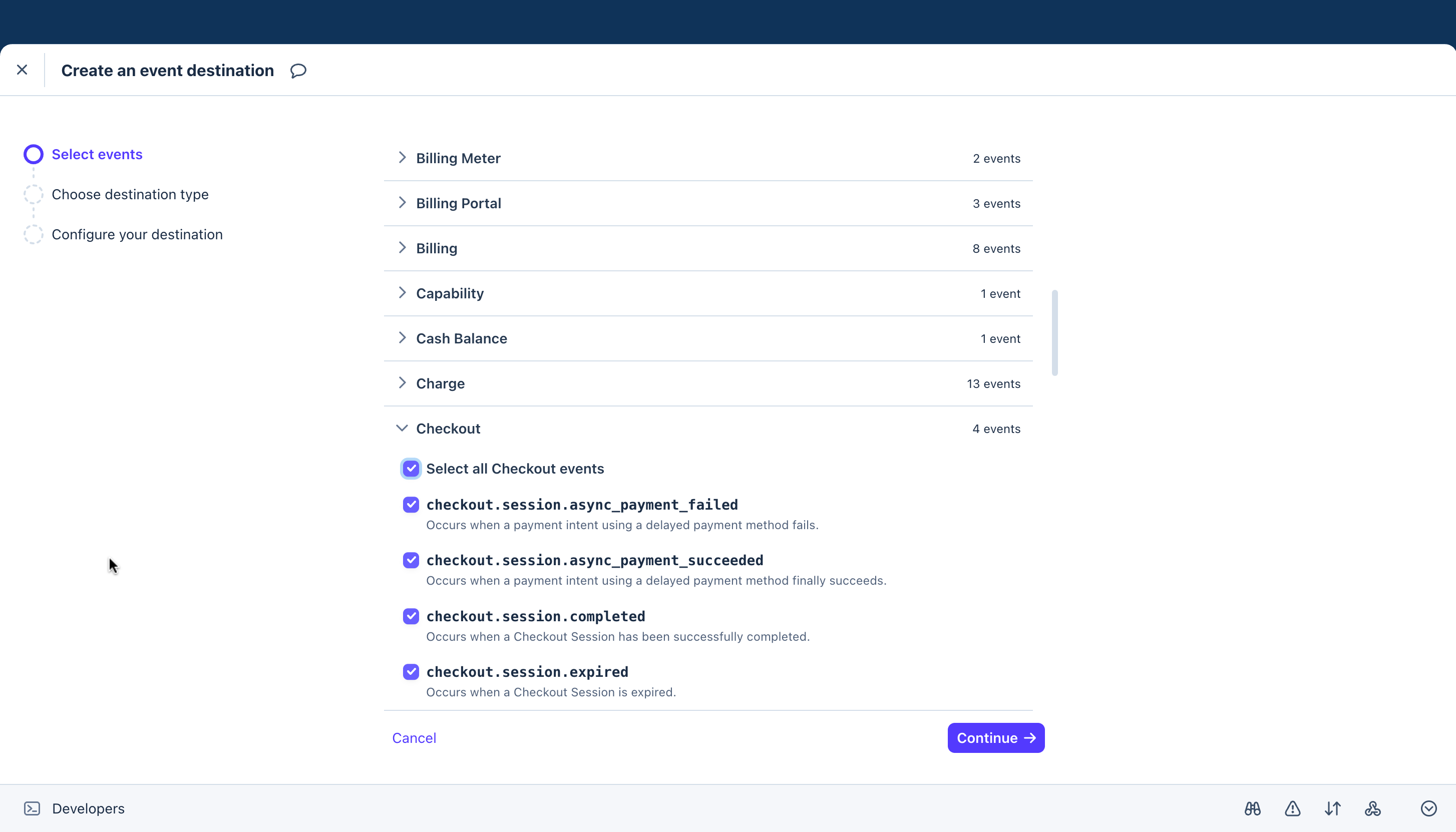 Selecting Stripe events