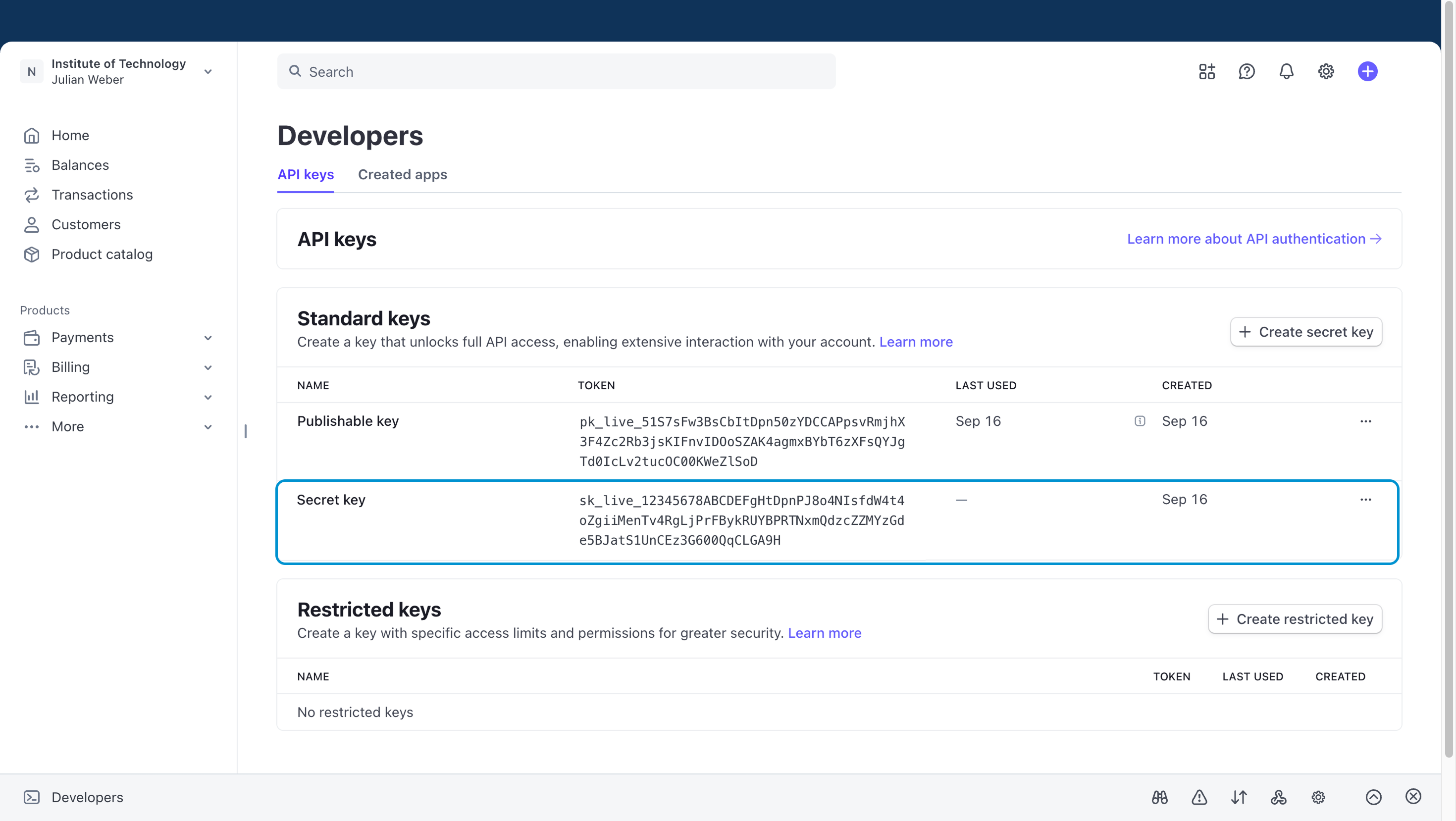 Creating an API key for Stripe integration