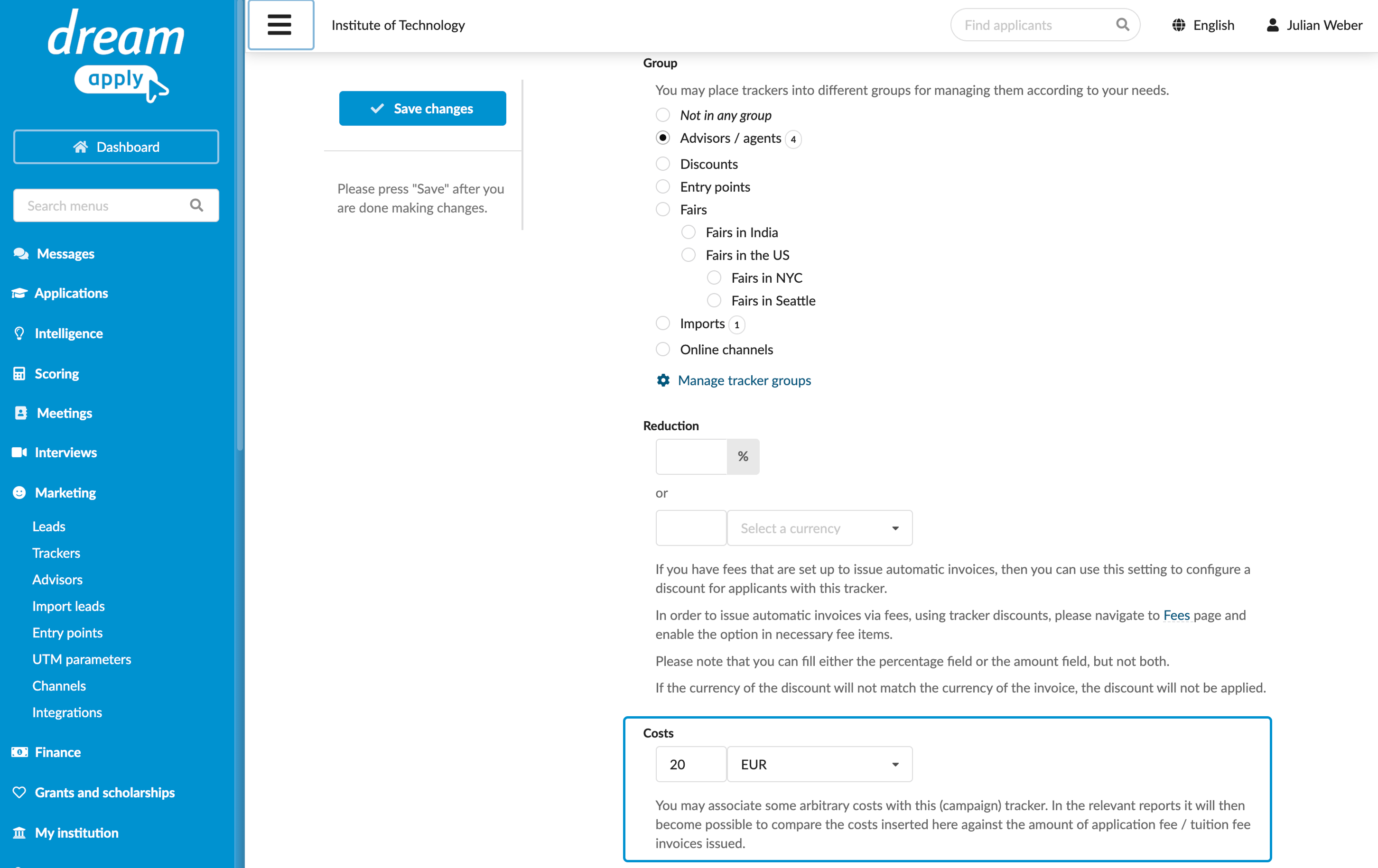 Specifying cost settings