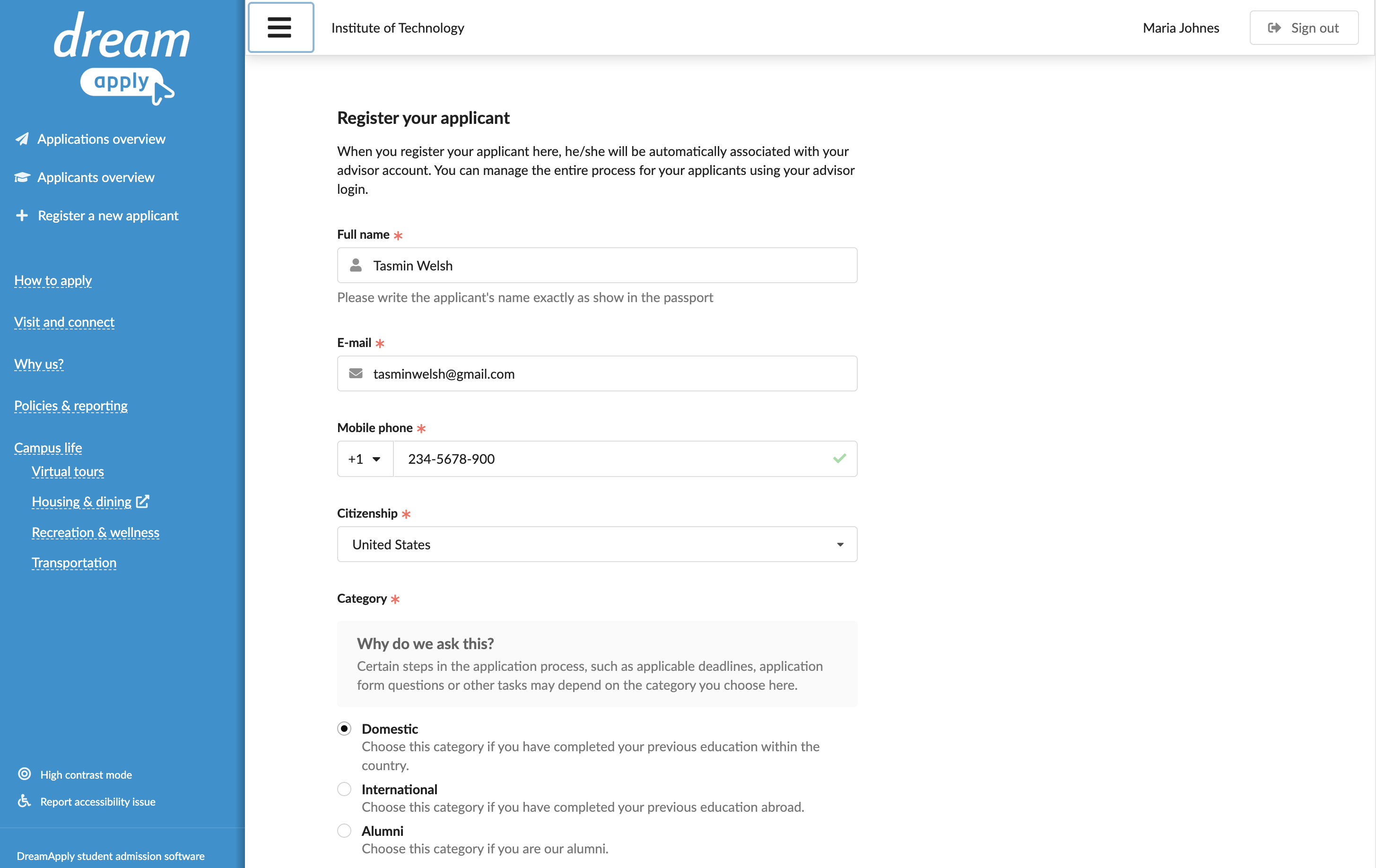 Registering an applicant account