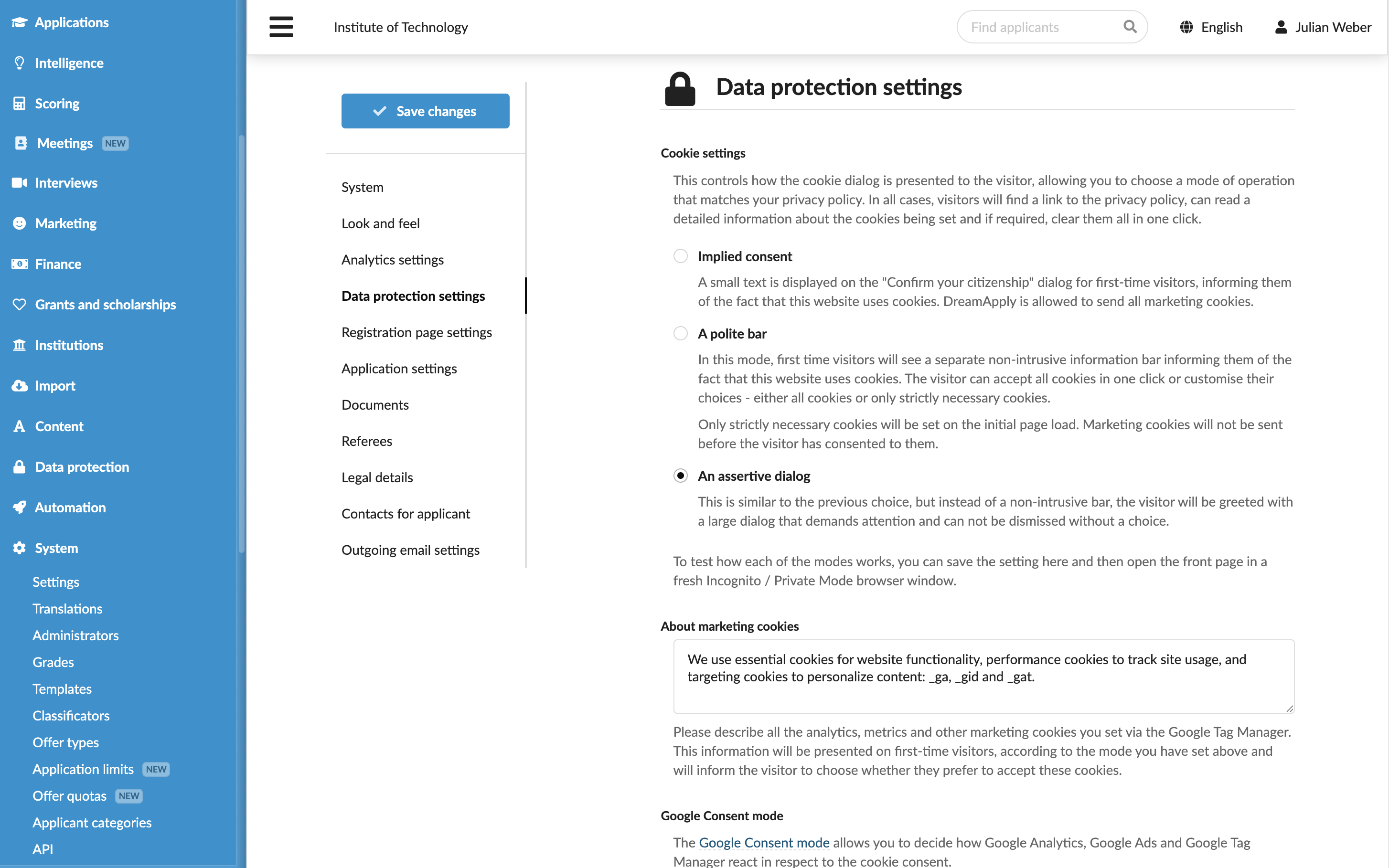 Customizing the cookie consent
