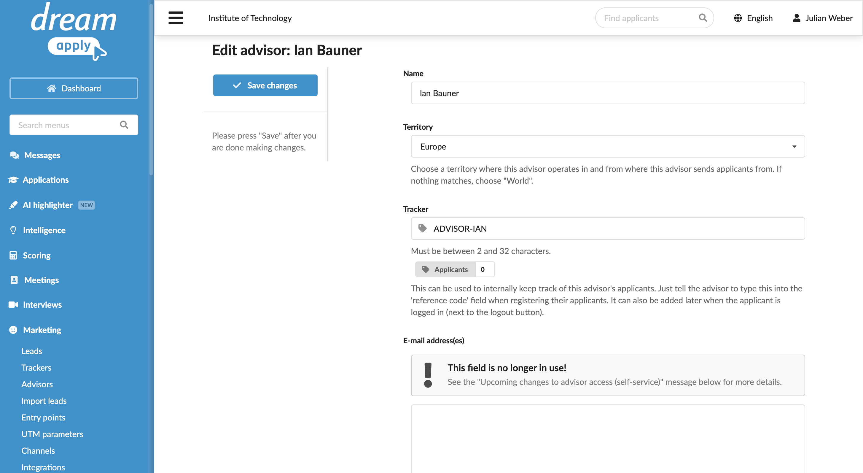 Setting up advisors