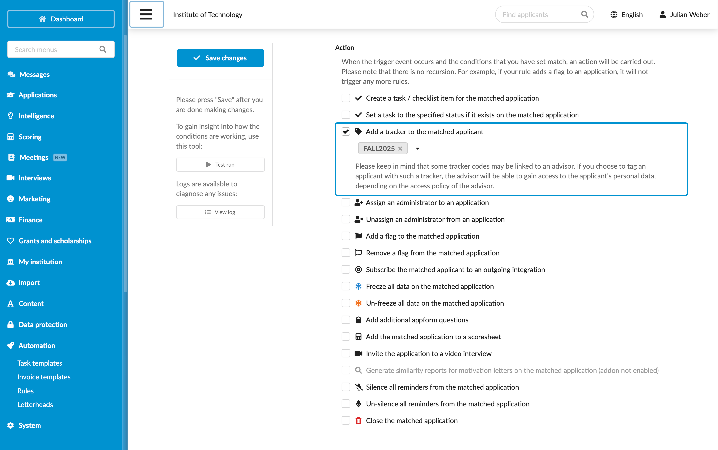 Assigning trackers through rules