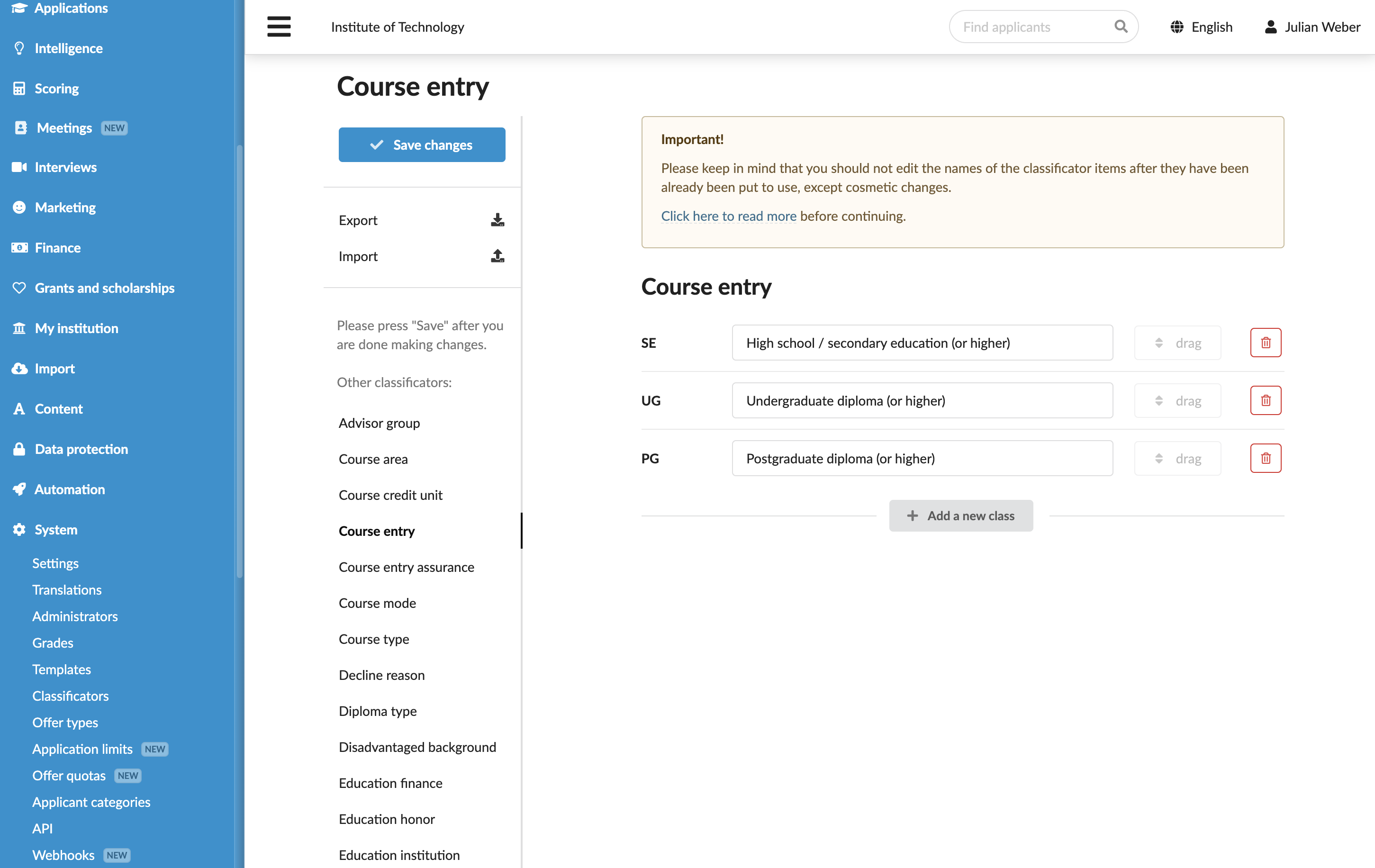 Setting up classificators