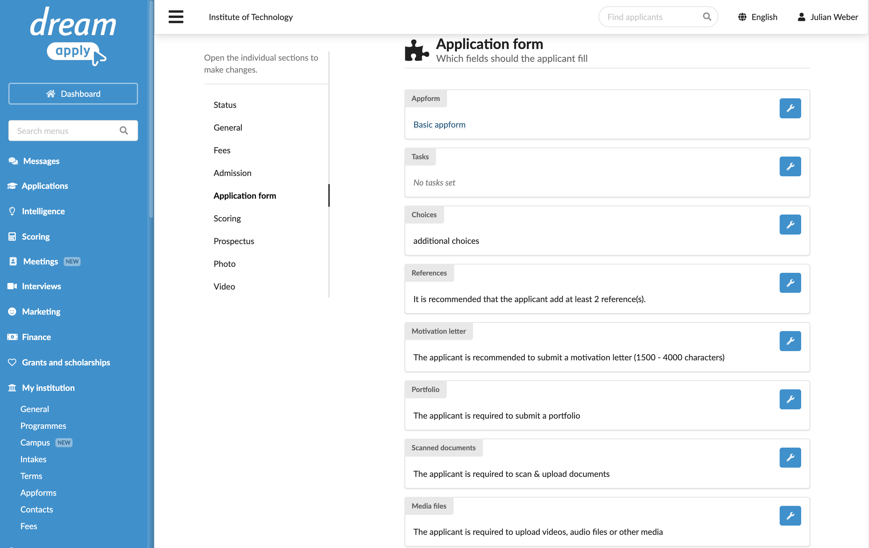 Specifying application form settings