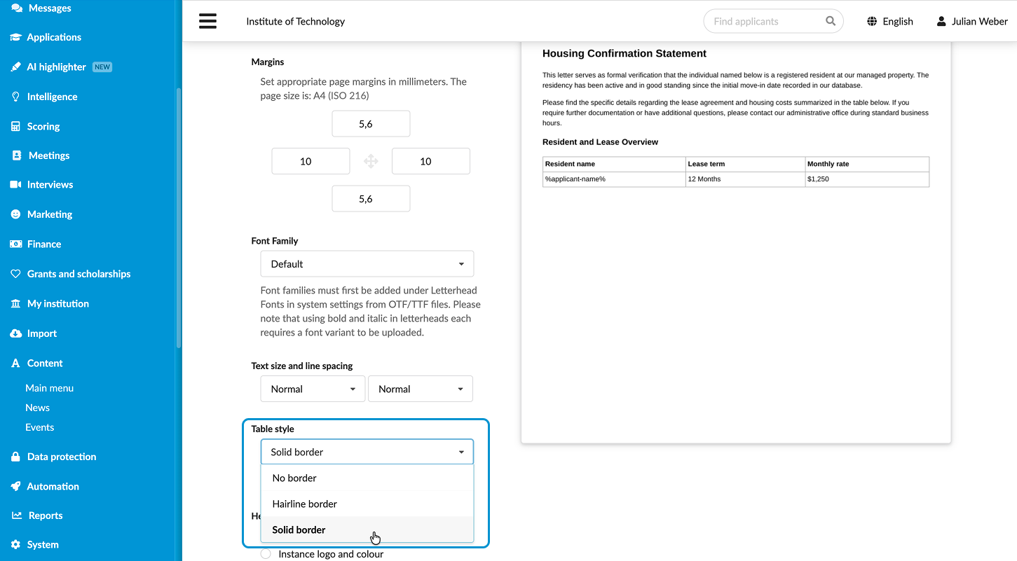 Table borders in letterheads