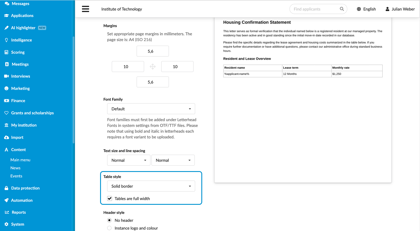 Table borders in letterheads
