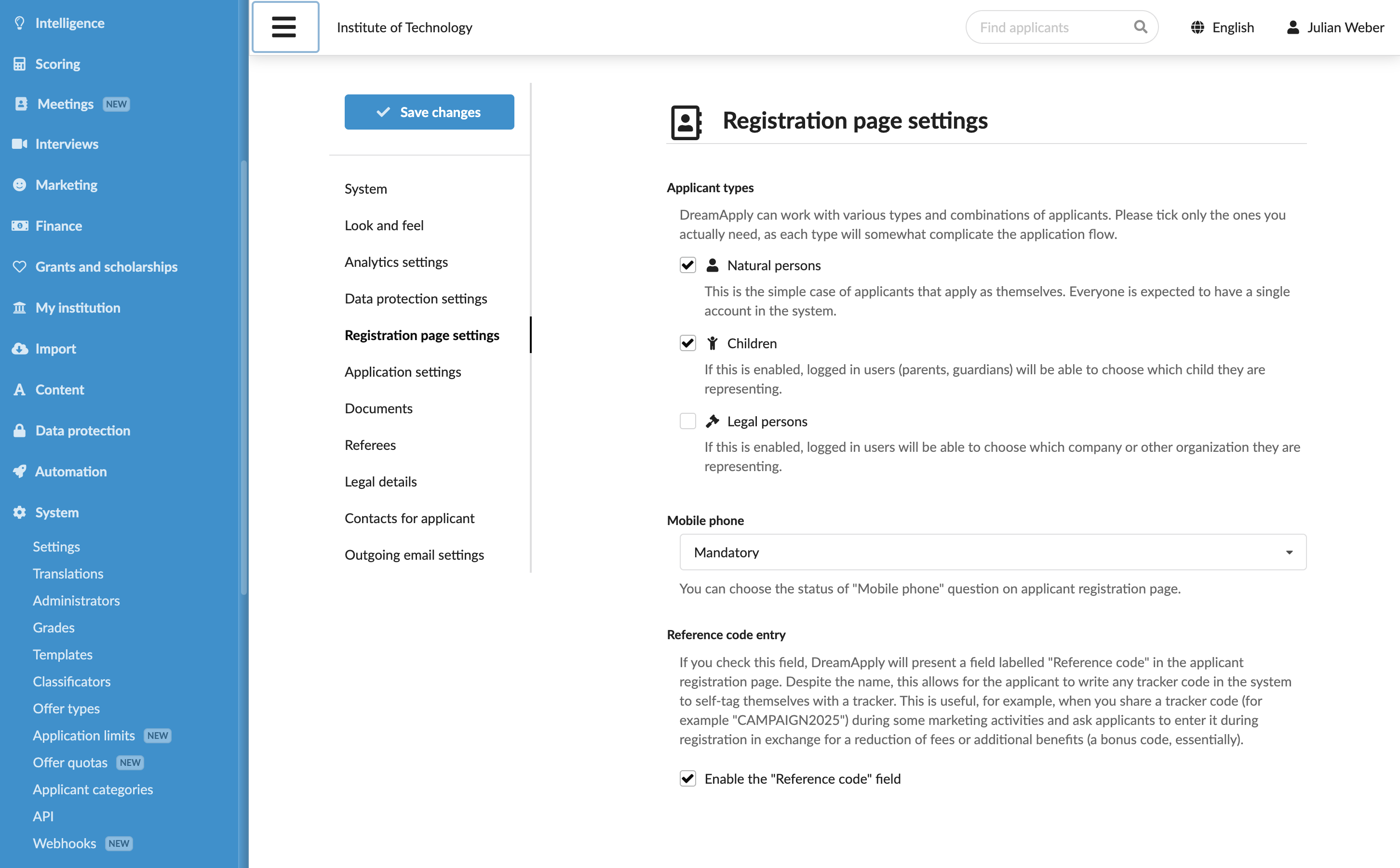 Customizing the registration page settings